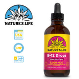 Flacon Nature's Life B12 avec compte-gouttes pour dosage facile.