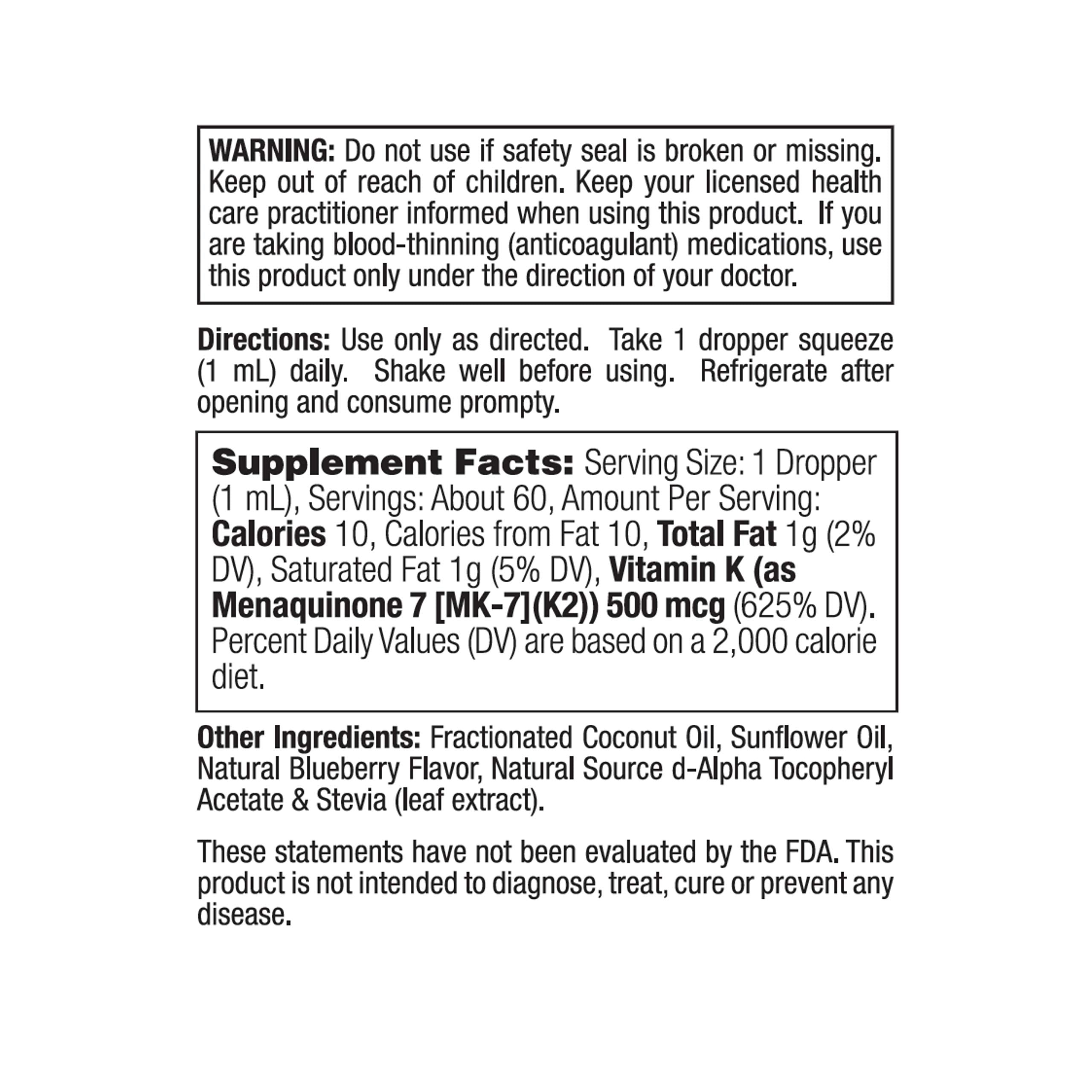 Nature's Life vitamine K2 MK7 gouttes myrtille, pipette – pratique et facile à intégrer