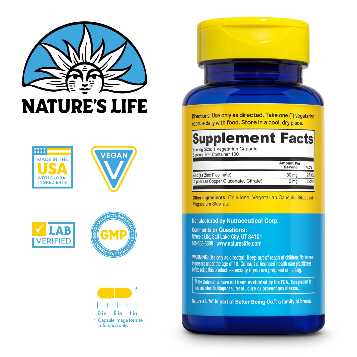 Nature's Life Zinc Picolinate Cuivre 2 mg en capsules, équilibre minéral et fonction cellulaire.