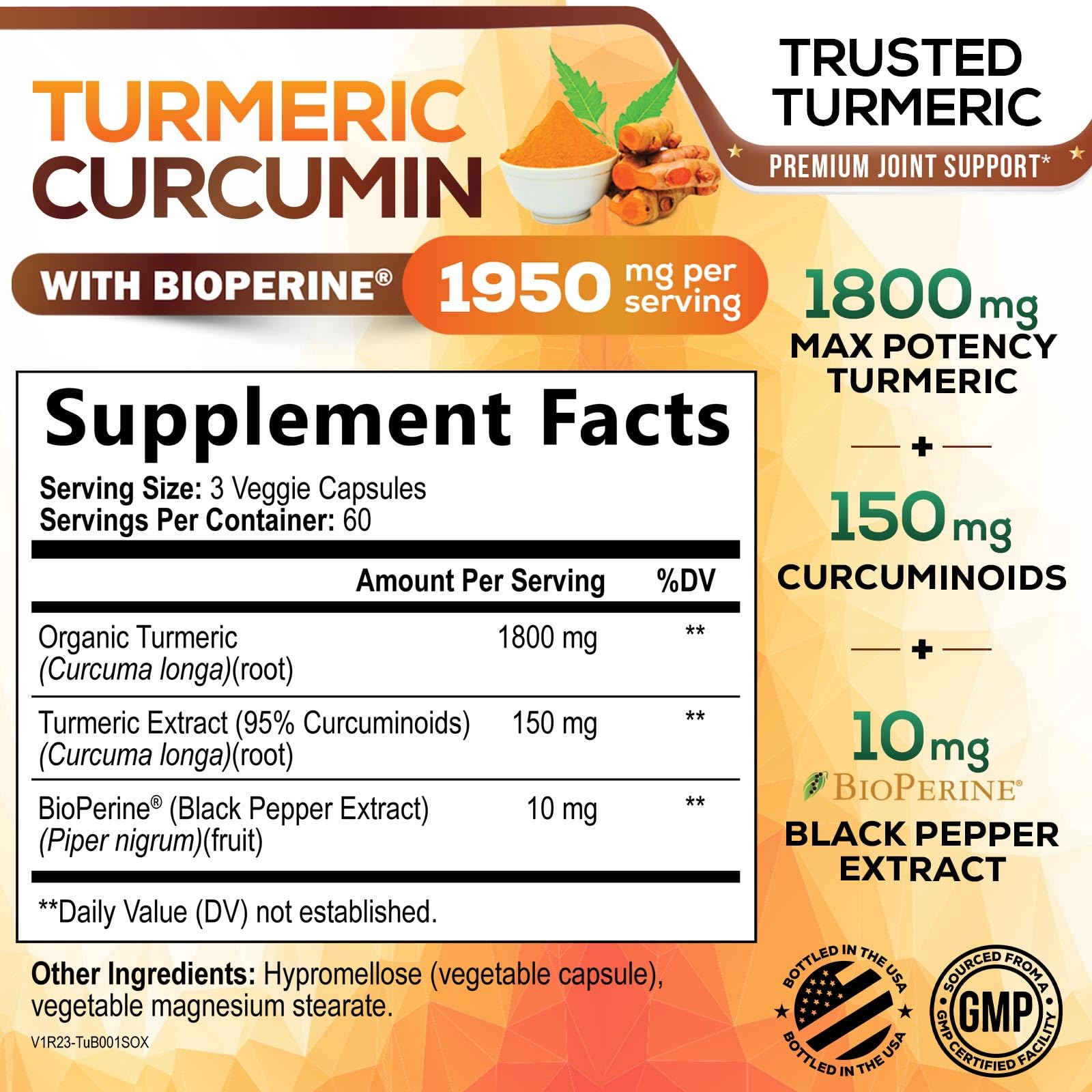 Nature's Nutrition Turmeric Curcumin, bouteille de 180 capsules sur étagère.