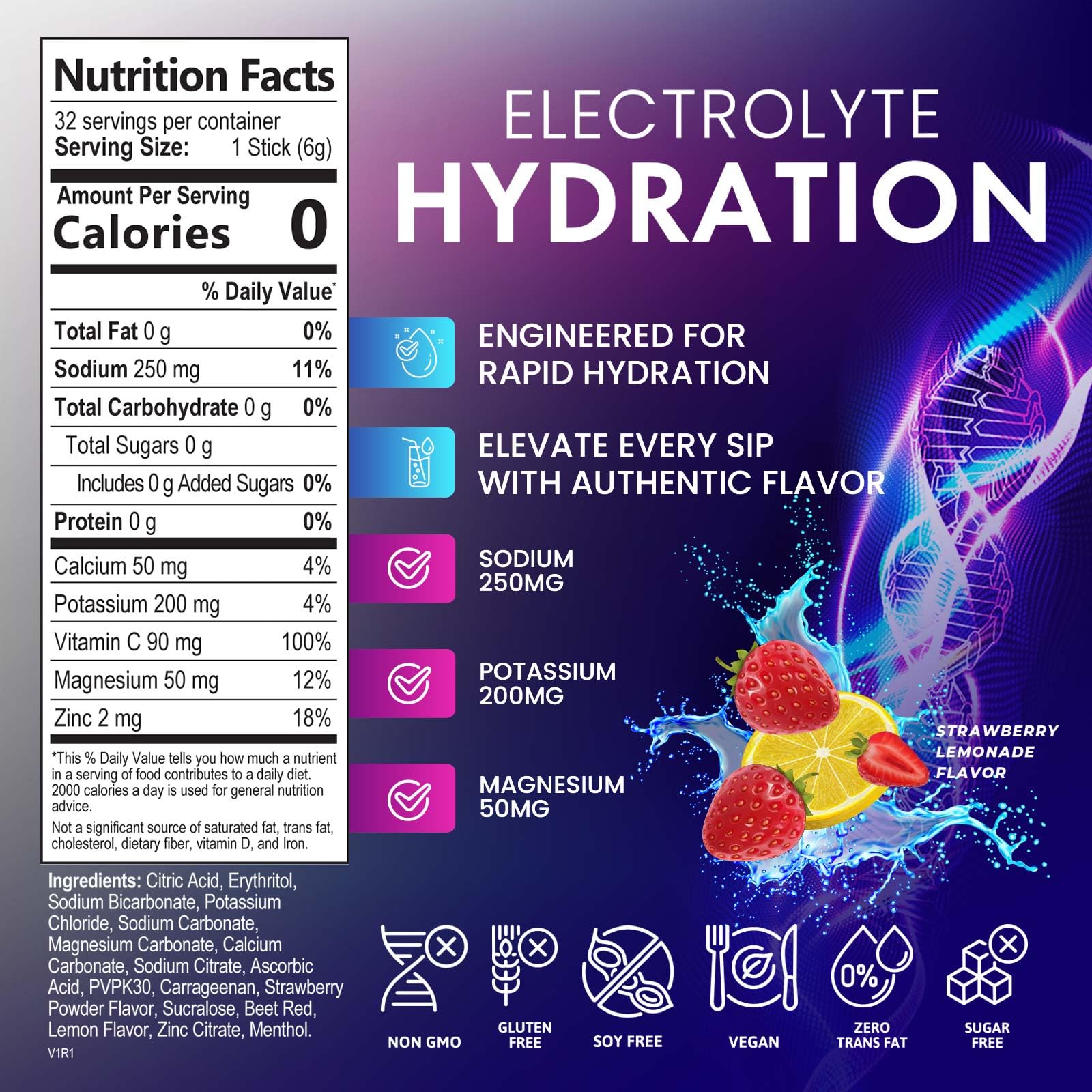 Sachet d'électrolytes Nature's Nutrition en cours de dissolution.