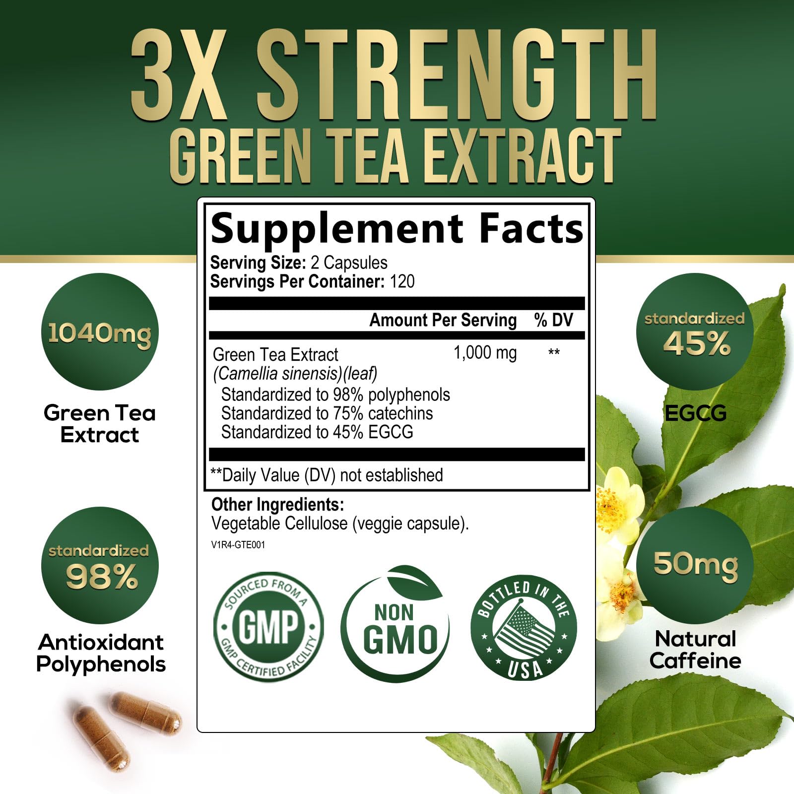 Nature's Nutrition Extrait Thé Vert Capsules: dosage pratique et énergie soutenue.