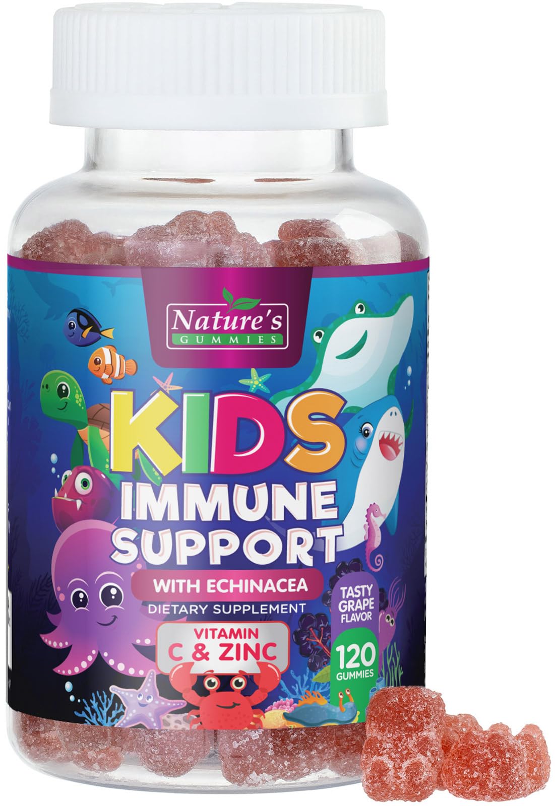 Nature's Nutrition gommes immunité enfants - bouteille, goût framboise naturel.