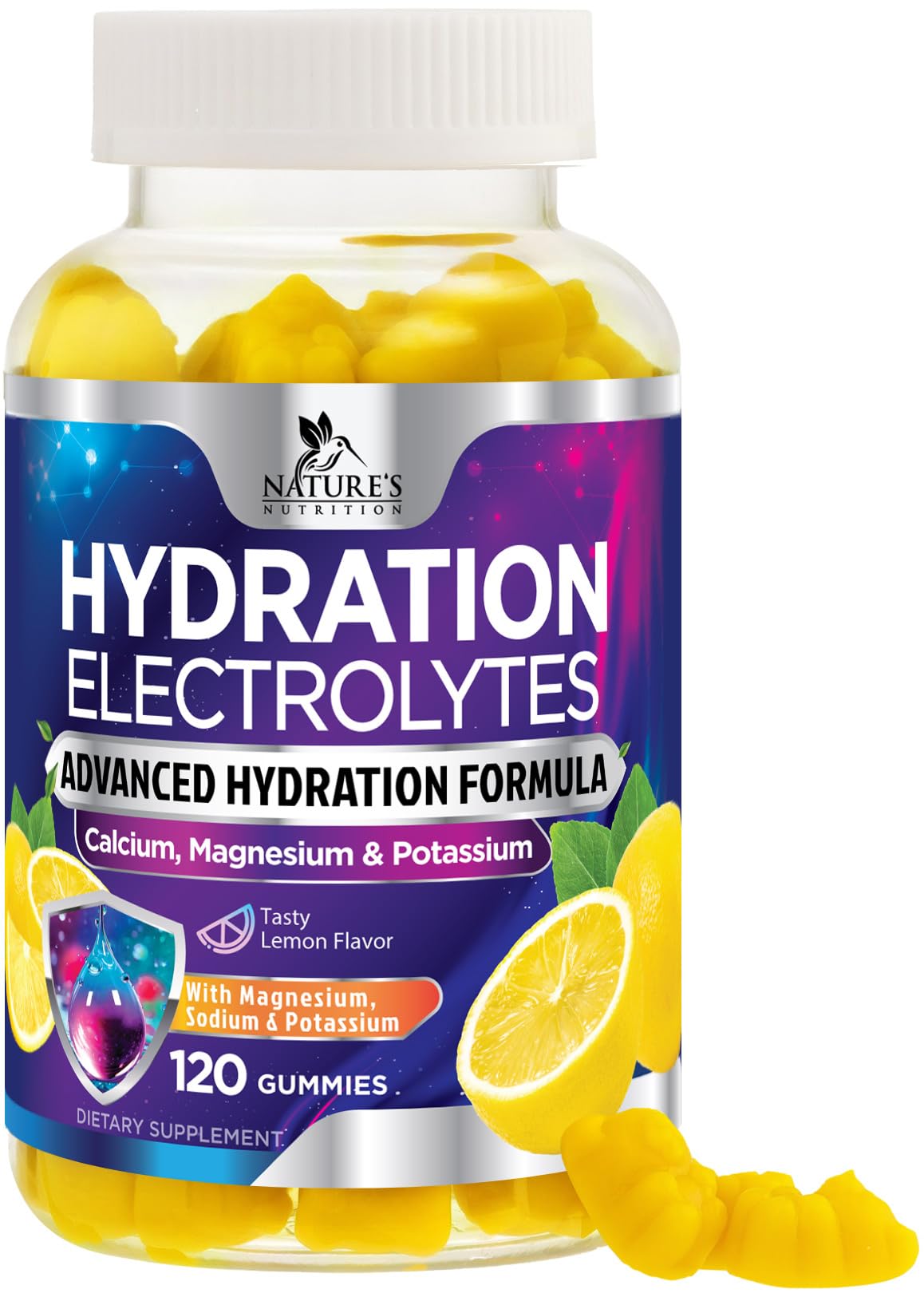 Gommes d'hydratation Nature's Nutrition, bouteille citron, pratique pour la vie quotidienne.