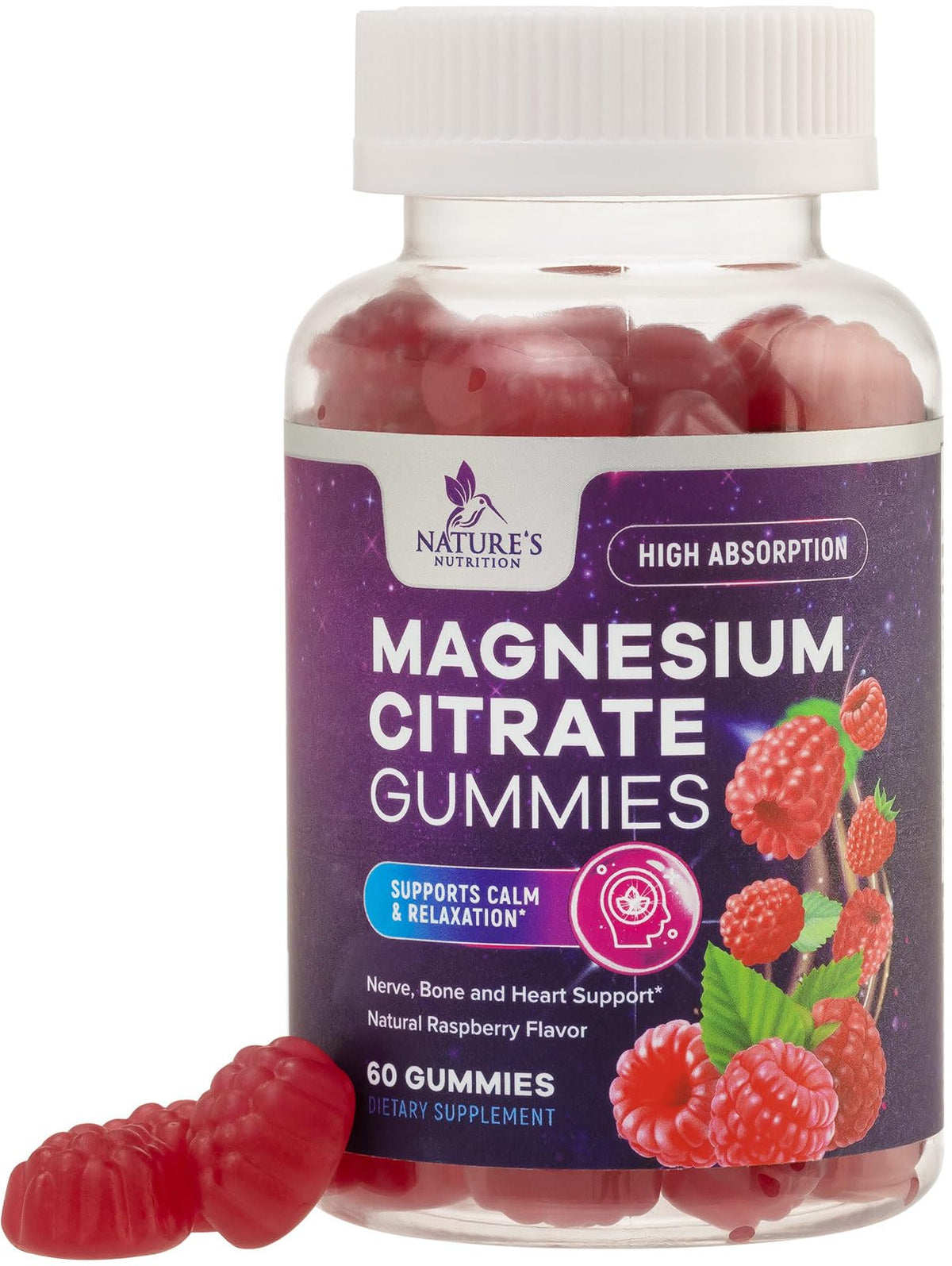 Nature's Nutrition Magnesium Citrate Gummies - bouteille, soutien quotidien pour muscles et nerfs.