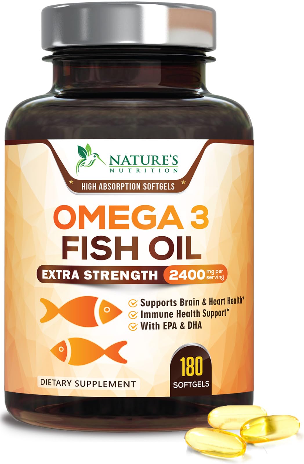 Nature's Nutrition Omega3, bouteille gélules citron, soutien potentiel au cœur et au cerveau