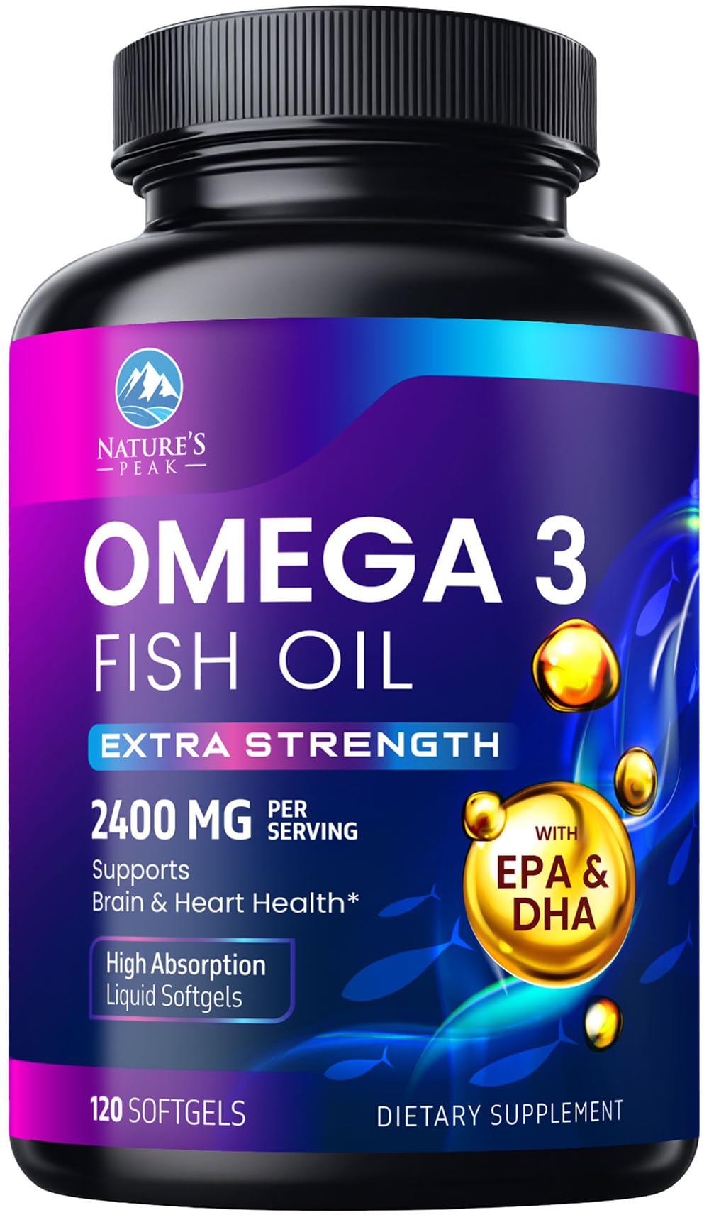 Nature's Peak Omega3: bouteille de gélules, apport quotidien pratique et purifié.