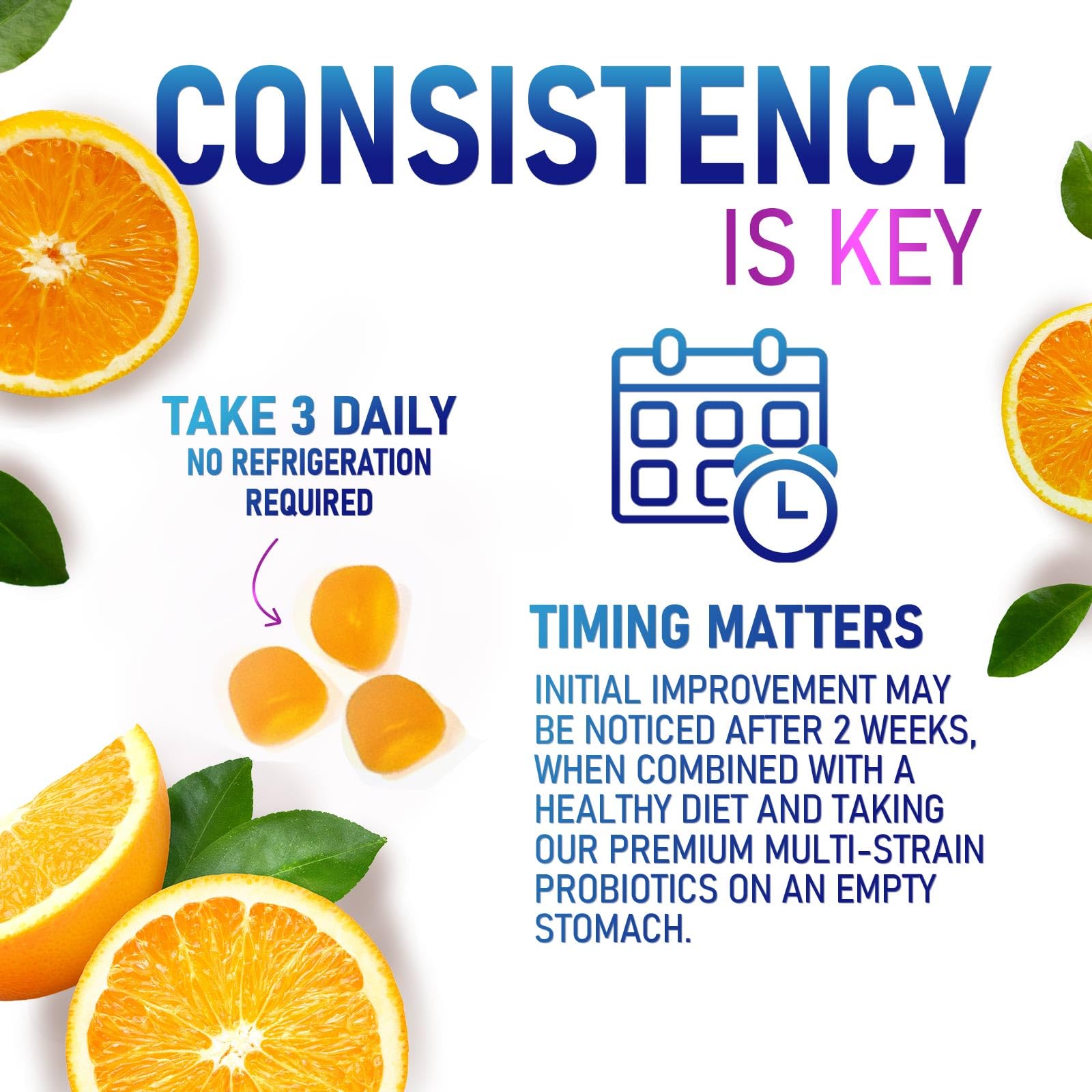Nature's Peak – Détail gomme probiotiques orange, goût fruité.