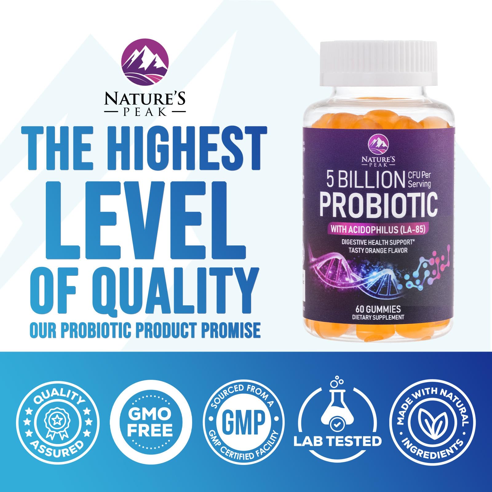 Nature's Peak – Emballage clair indiquant dosage et souches probiotiques.
