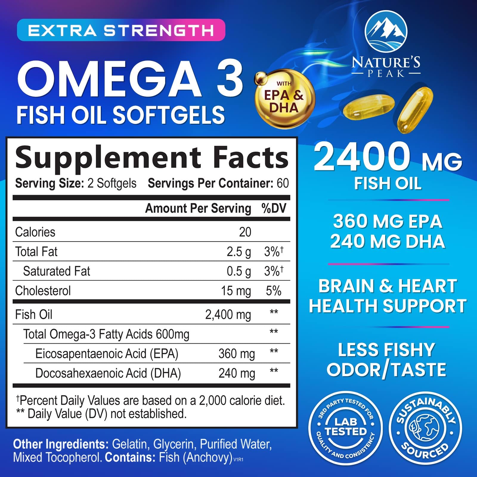 Nature's Peak Omega3: gélules EPA et DHA visibles, formule triple force pour une utilisation aisée.