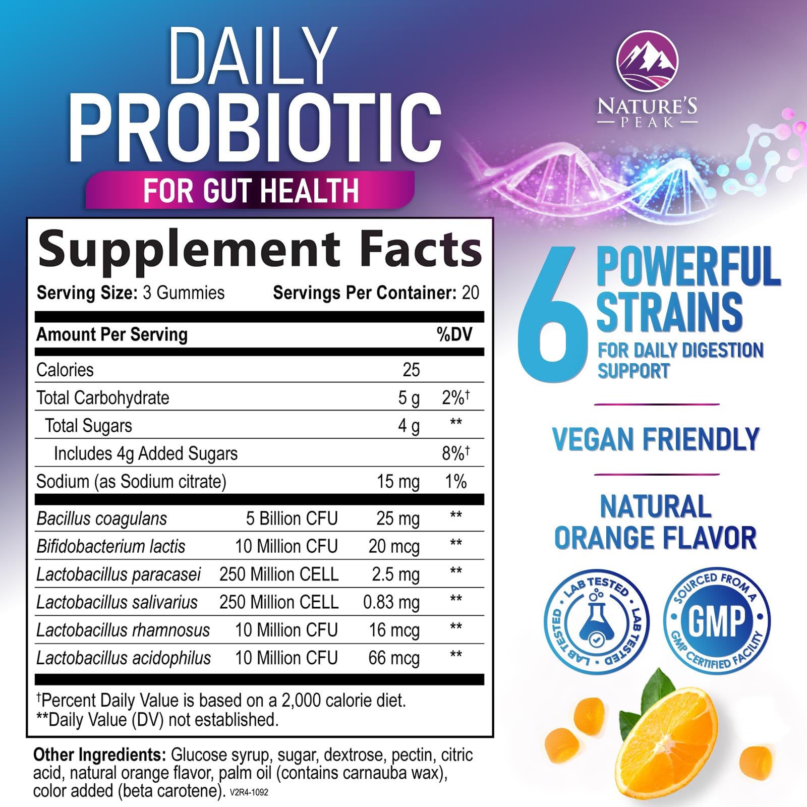 Nature's Peak – Gommes probiotiques orange, saveur agréable et pratique.