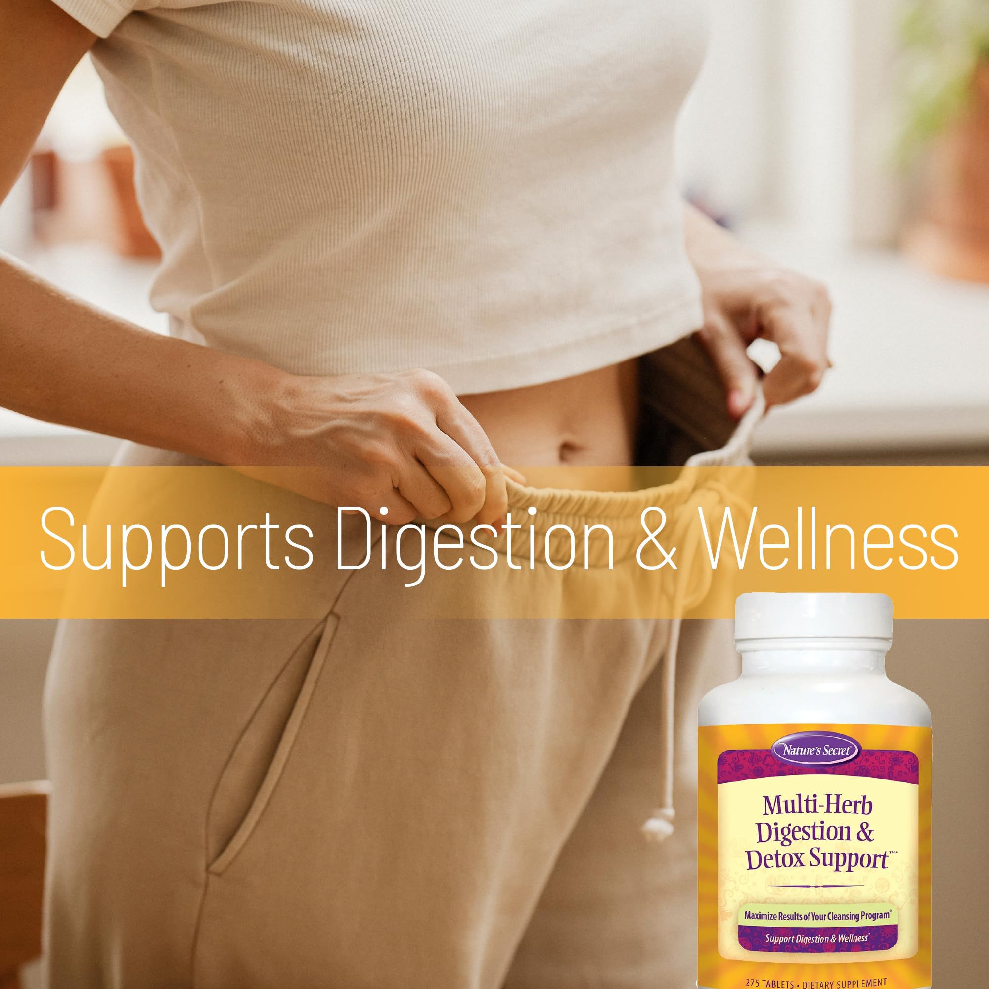 Étiquette claire Nature's Secret Multi-Herb Digestion et Détox, informations produit accessibles.