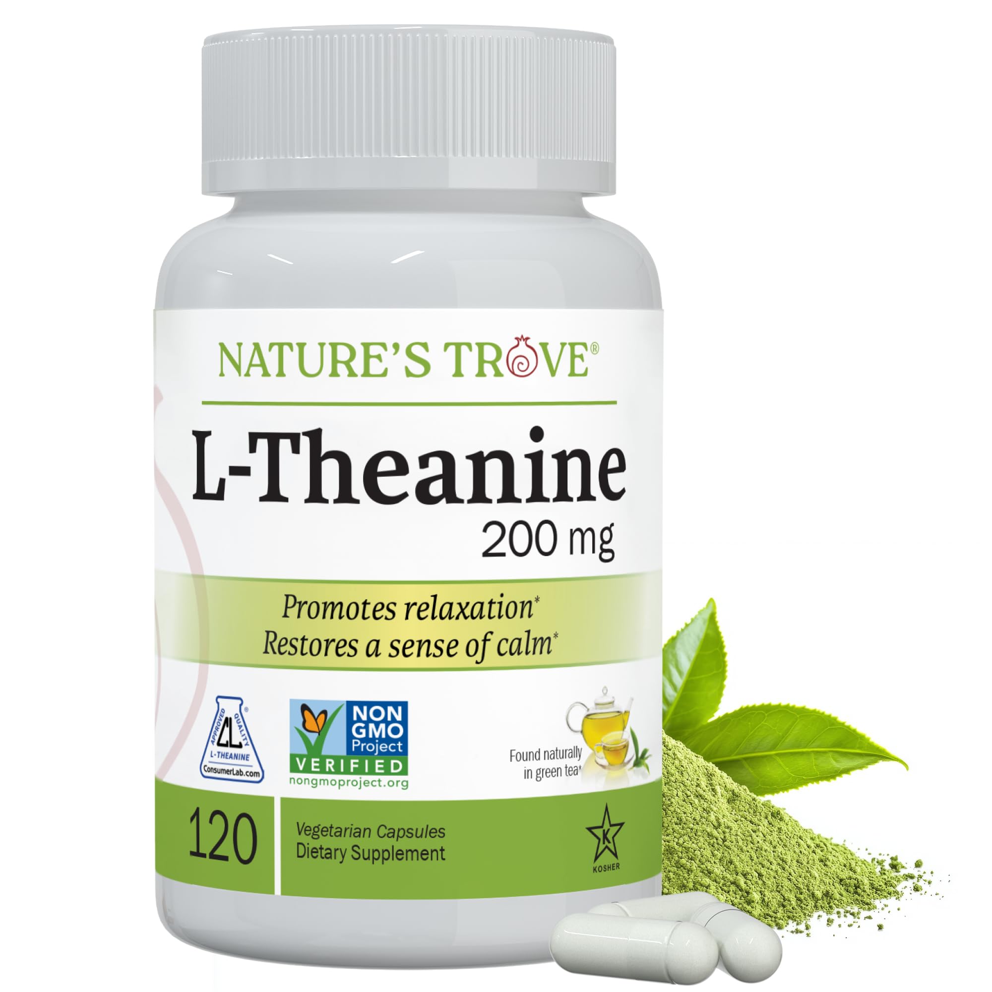Nature's Trove L-Theanine: bouteille de 120 capsules végétariennes, détente potentielle.