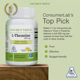 Étiquette Nature's Trove L-Theanine montrant ingrédients et origine naturelle.