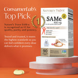 Nature's Trove SAM-e 400mg caplets enterriques visibles dans le blister froid pour fraîcheur durable.