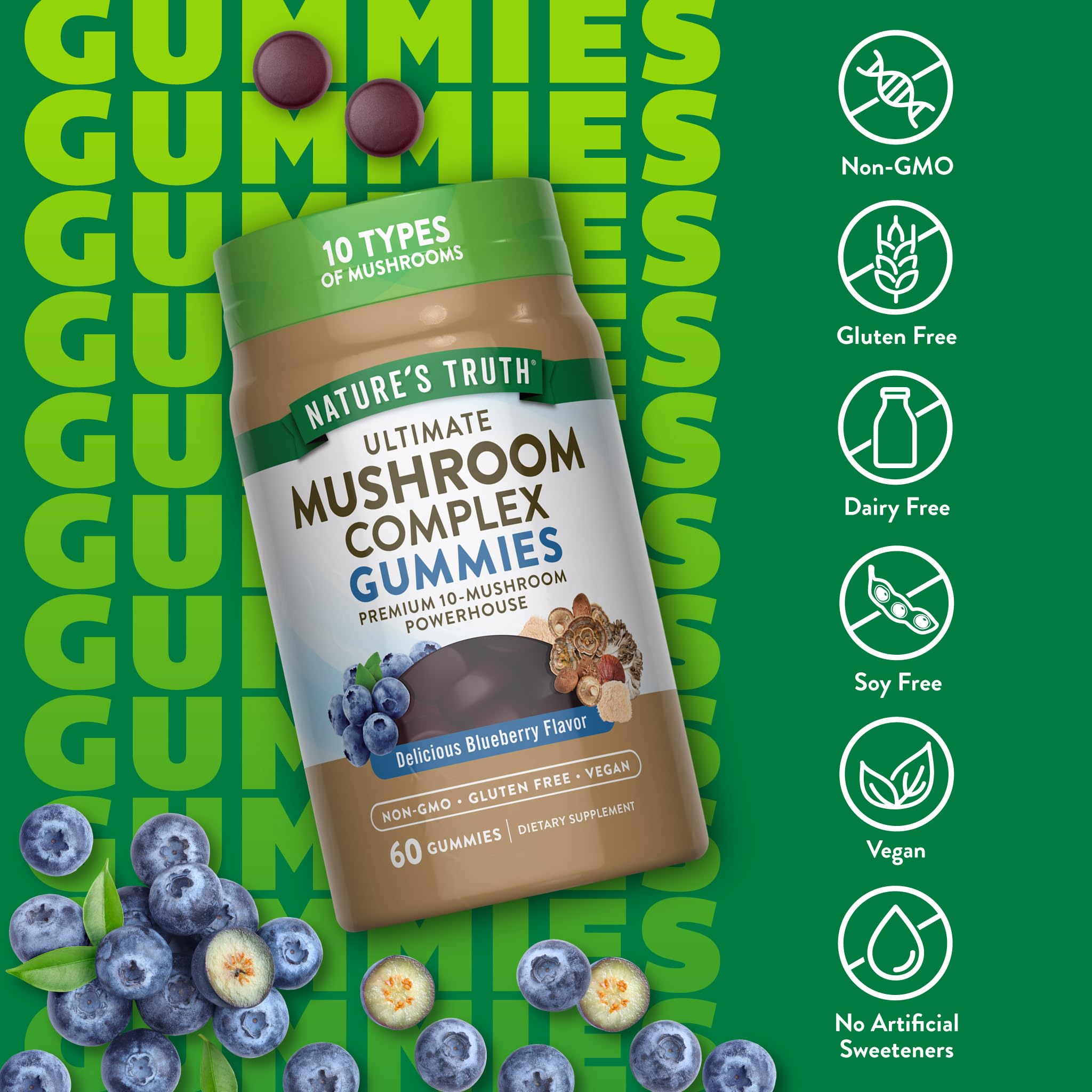 Gummies Nature's Truth véganes myrtille, boîte 60, sans gluten.