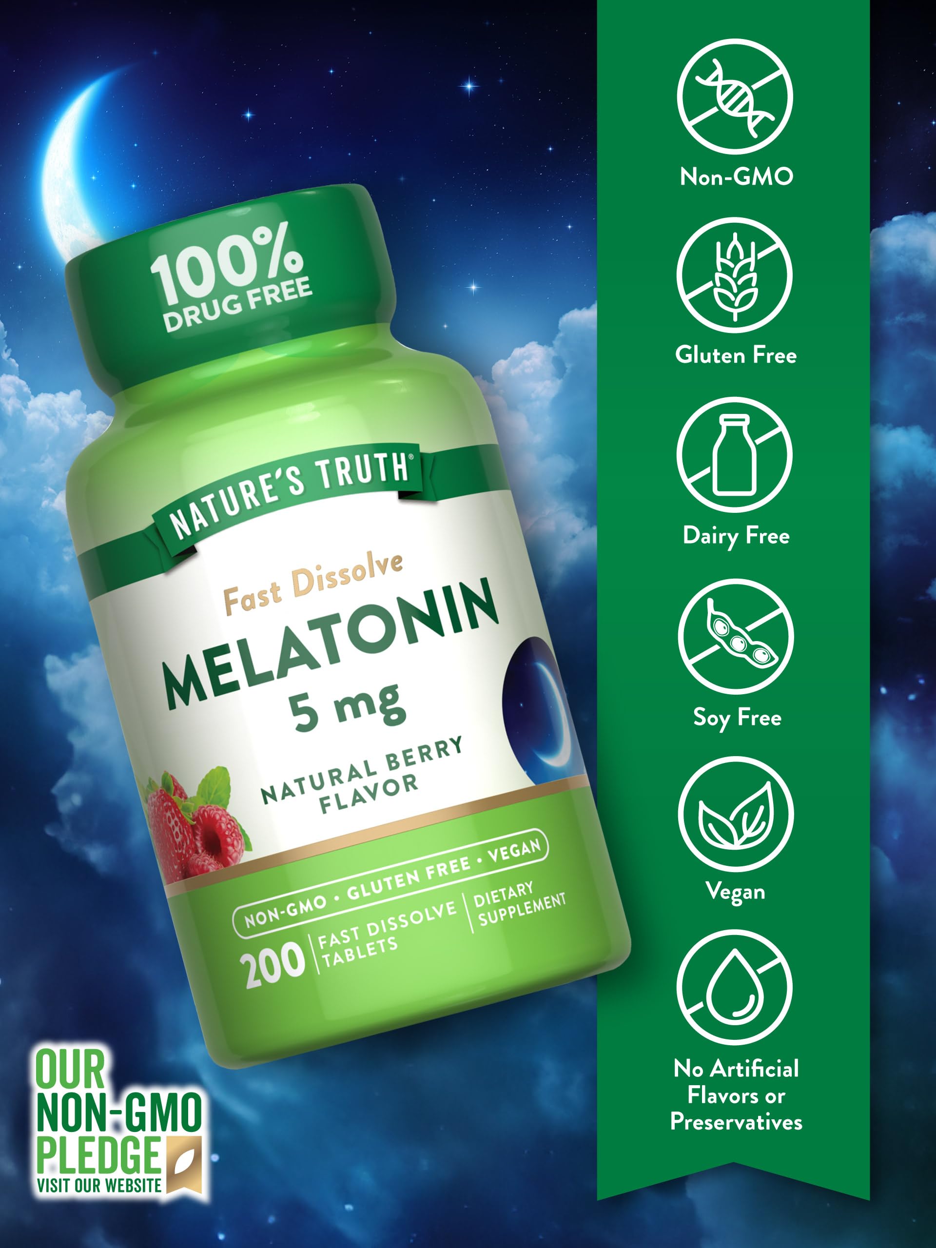 Nature's Truth Mélatonine, boîte et étiquetage clair, formule végane et sans OGM