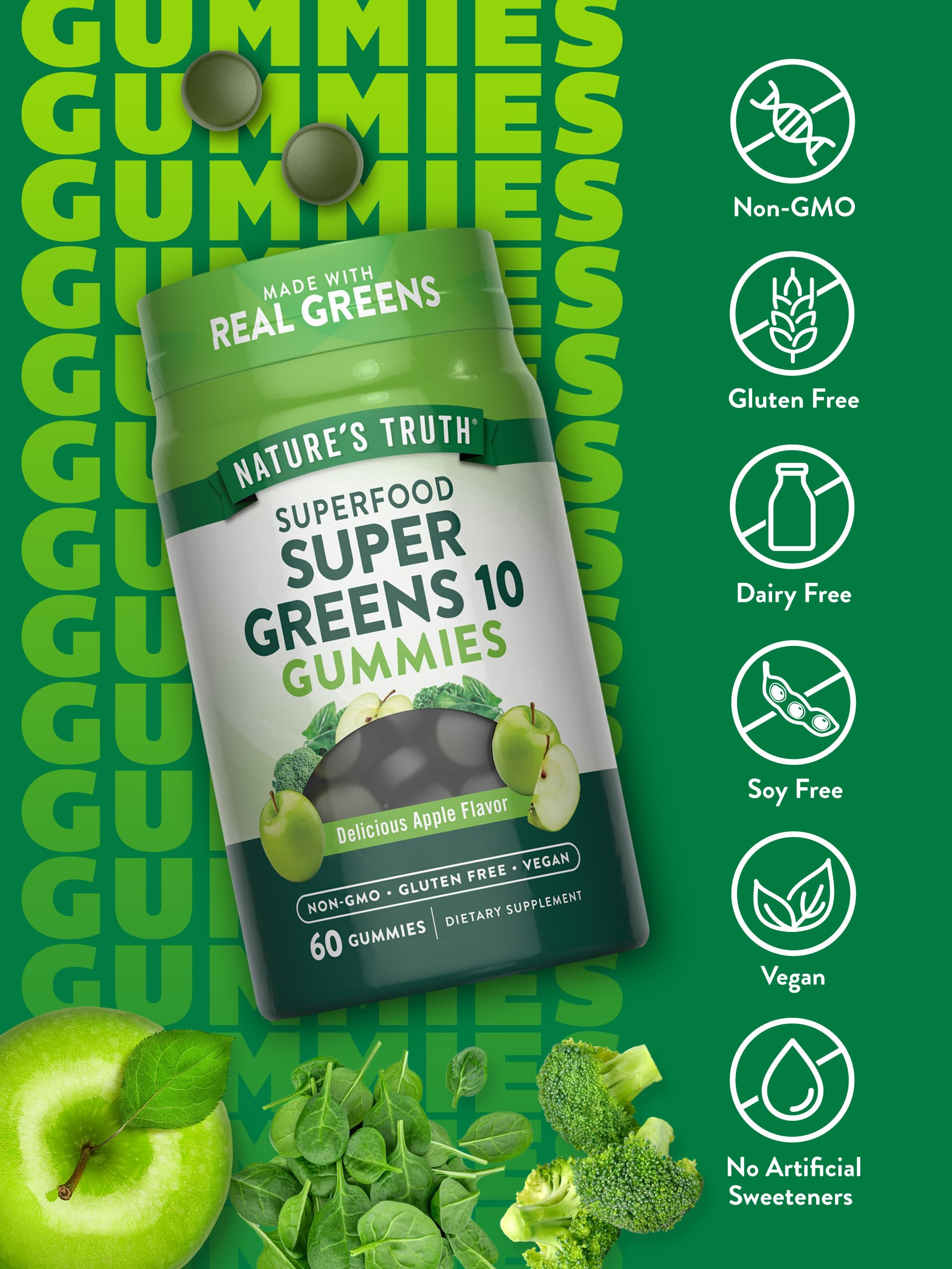 Nature's Truth Super Greens Gommes – ingrédients végétaux visibles et naturels.