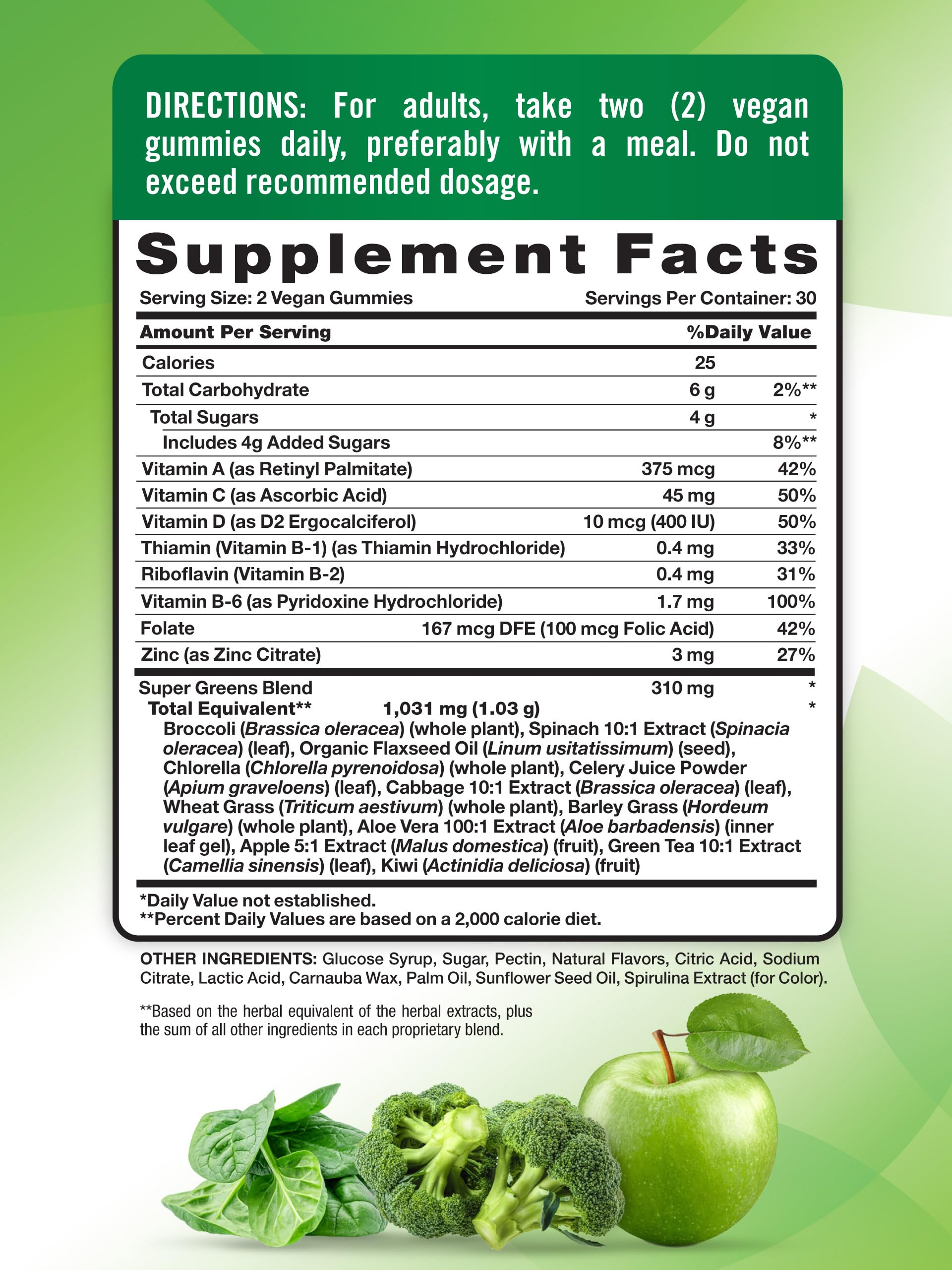 Nature's Truth Super Greens Gommes – gommes pomme, saveur fruitée.