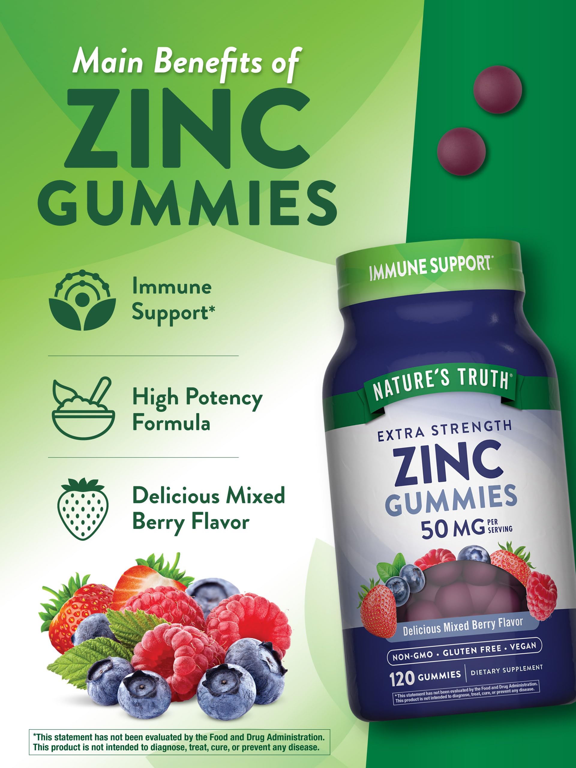 Arrière de l’emballage Nature's Truth Zinc Gummies, liste des informations.
