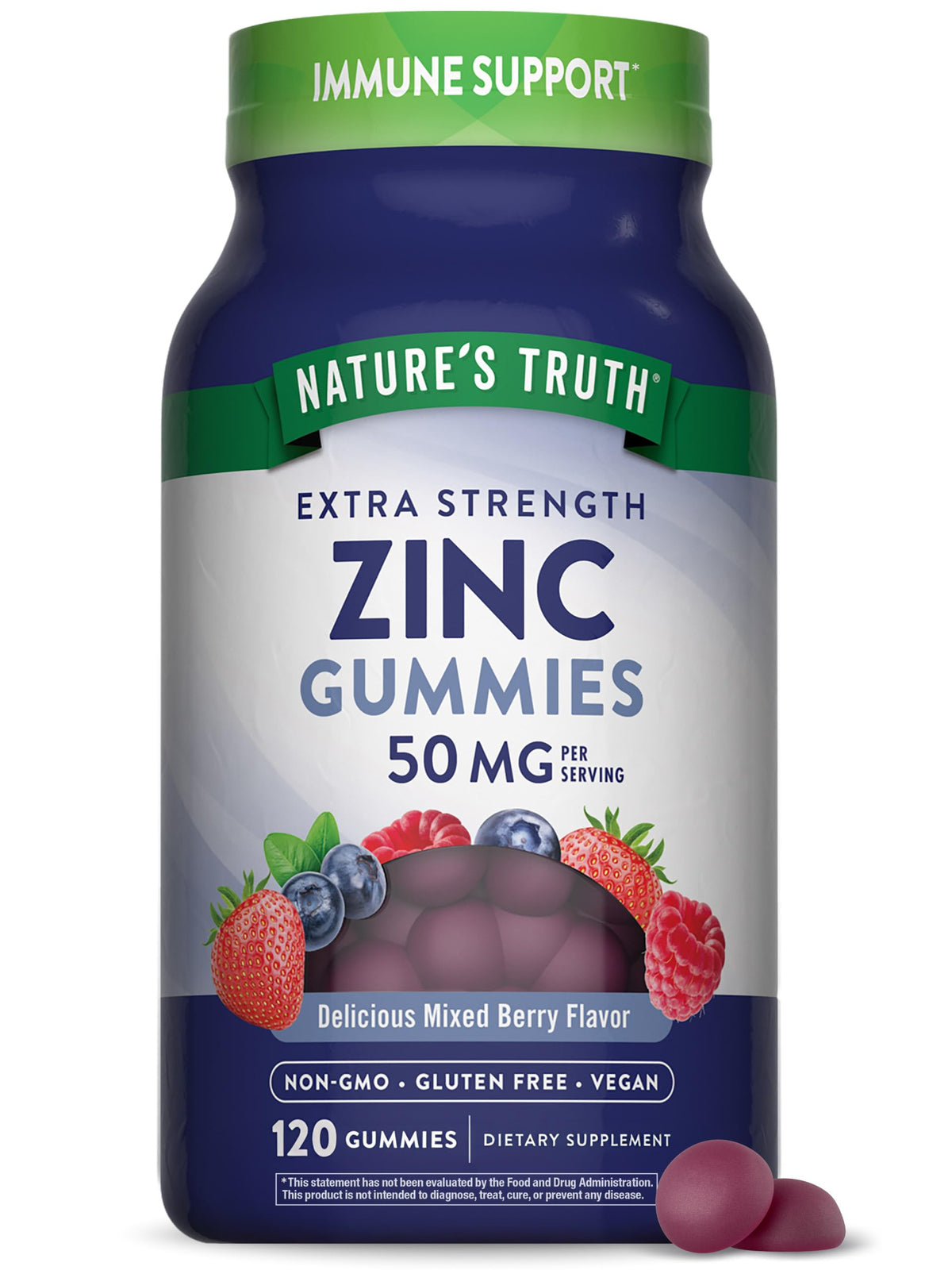 Nature's Truth Zinc Gummies en bouteille de 120 pièces, goût fruits rouges.