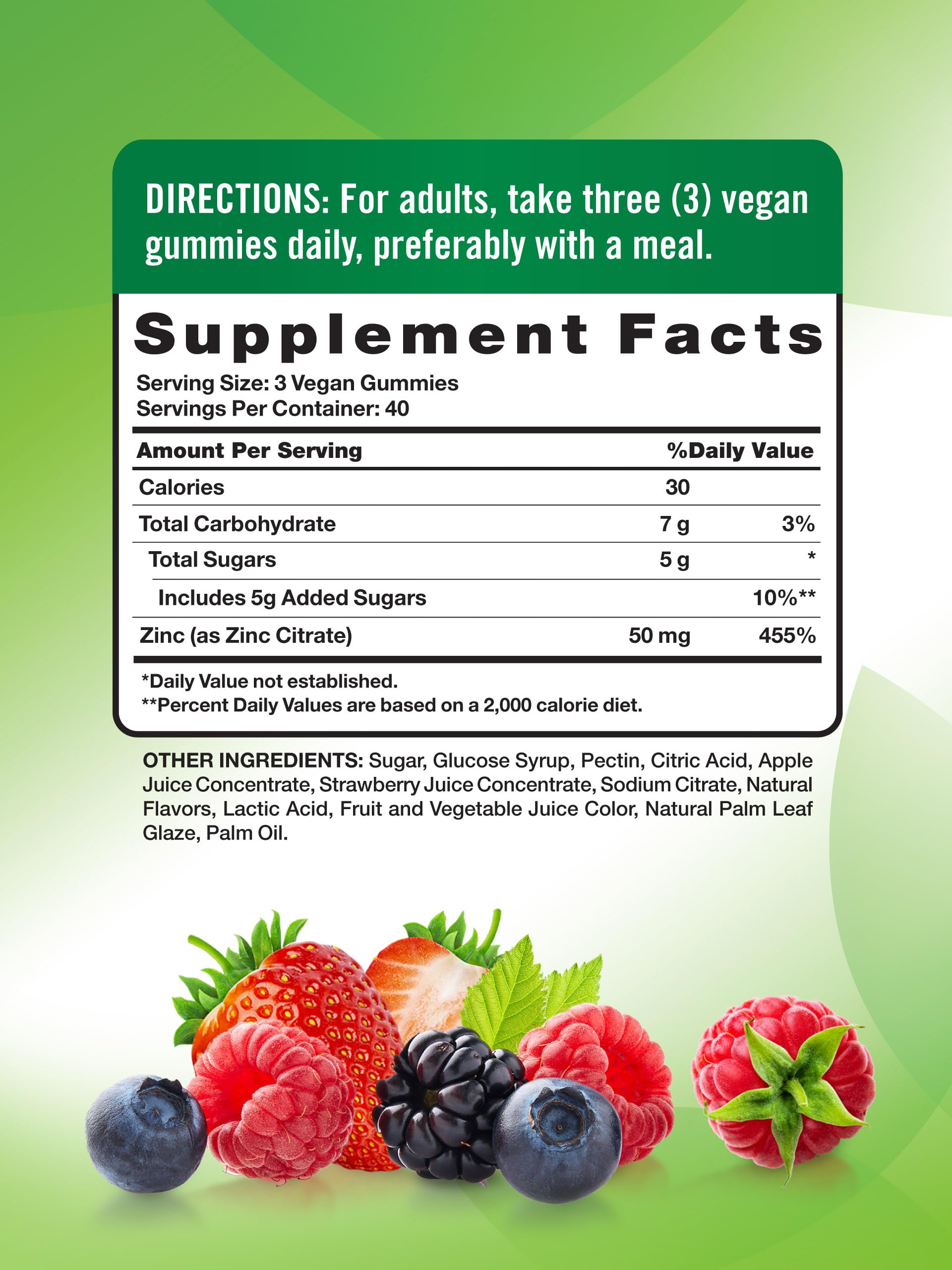 Étiquette Nature's Truth Zinc Gummies, dosage et ingrédients visibles.