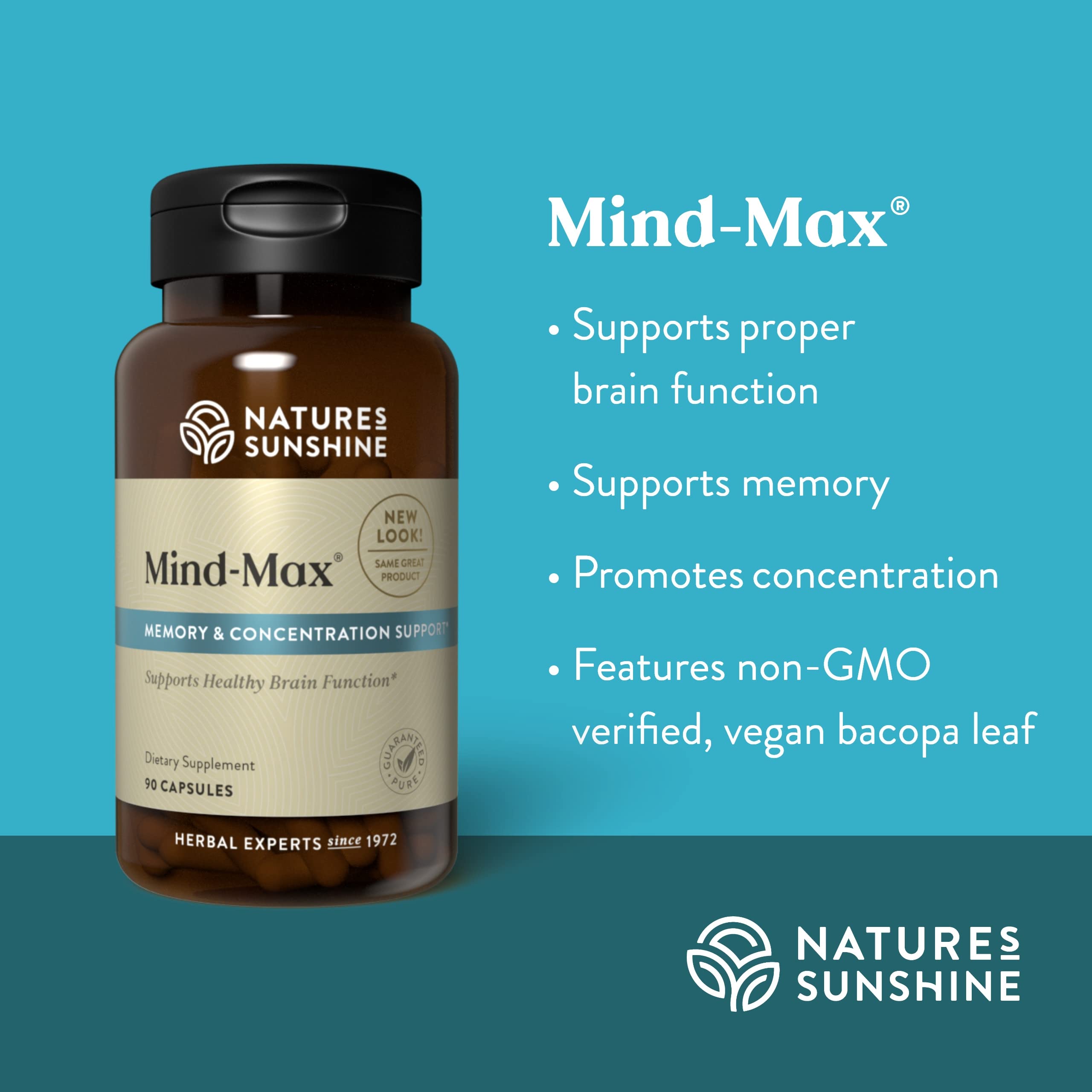 Mind-Max Nature's Sunshine, capsules près d'une tasse, aide potentielle à la mémoire.