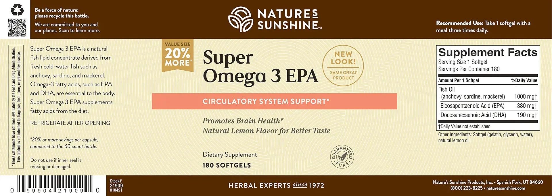 Nature's Sunshine Super Omega-3 EPA : étiquette citronnée pour réduire l'arrière-goût et faciliter l'utilisation