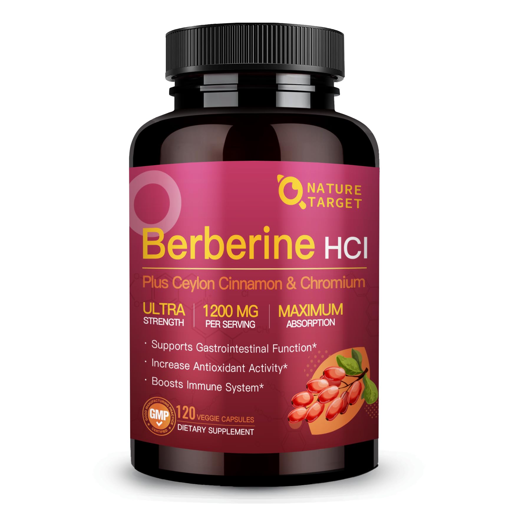 NATURE TARGET Berberine HCl 1200mg - Bouteille facile à prendre pour la routine santé.