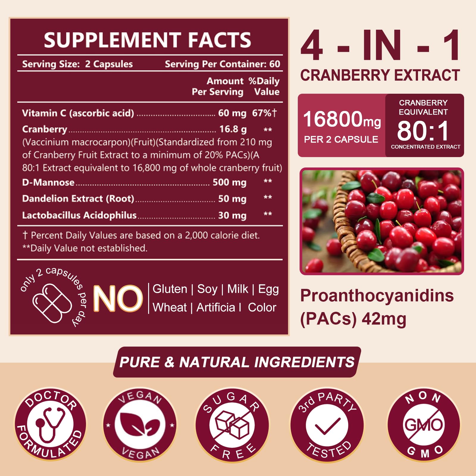 Nature Target Cranberry Pills dosage D-Mannose affiché sur la photo.