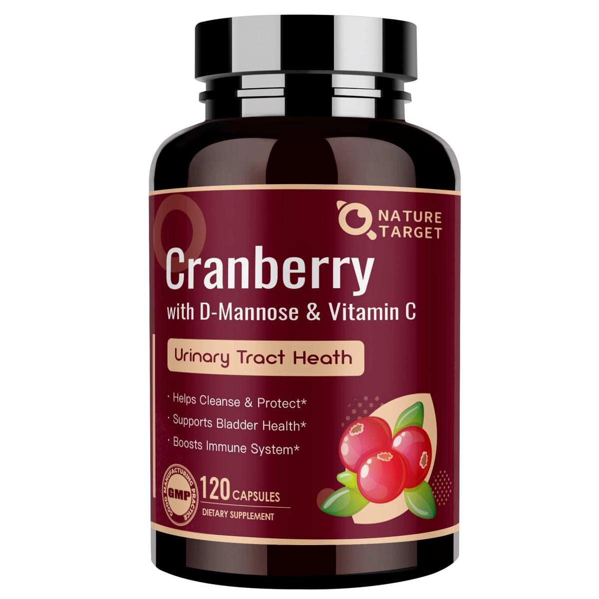Nature Target Cranberry Pills emballage moderne pour une routine santé urinaire.