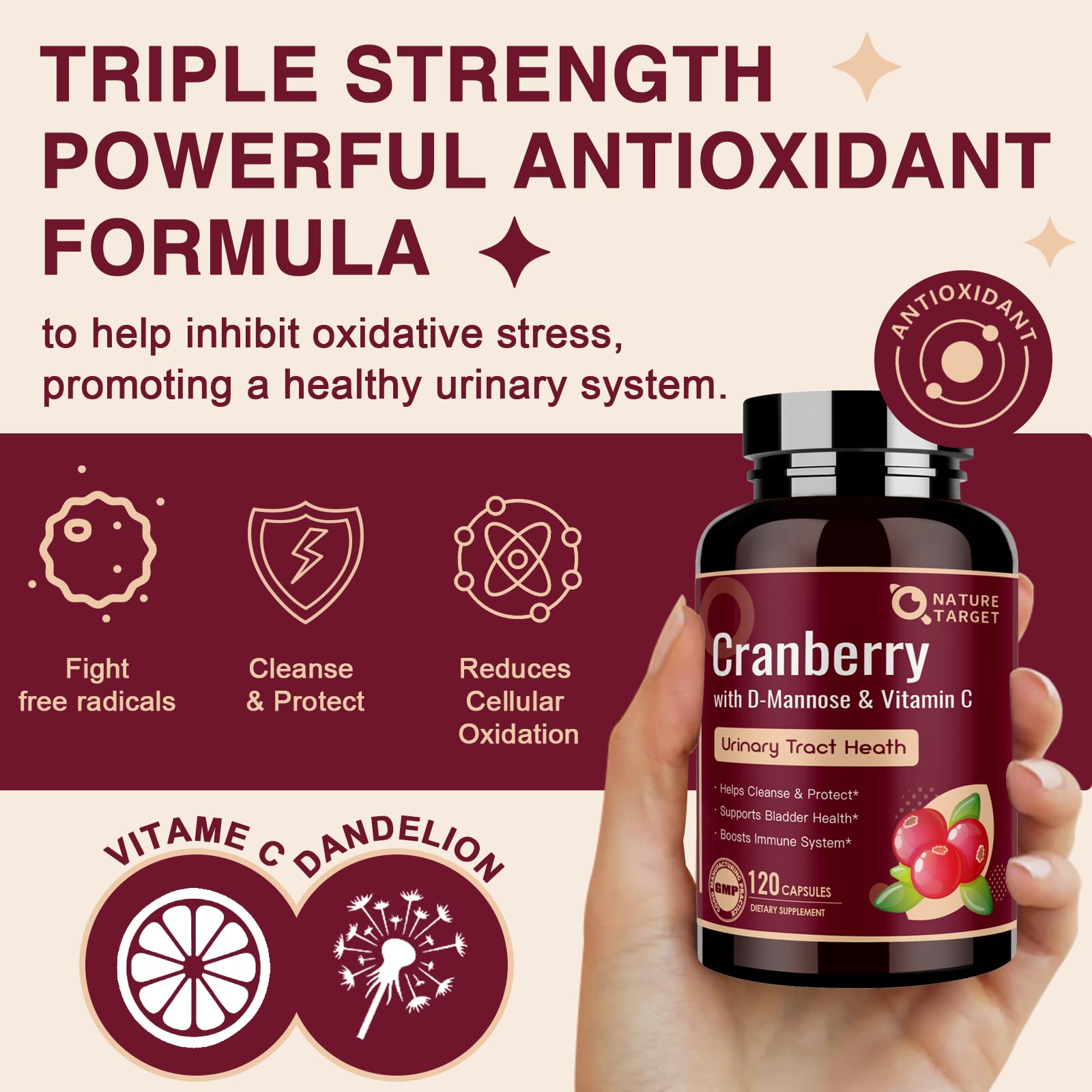 Nature Target Cranberry Pills vitamine C intégrée pour le soutien antioxydant urinaire.