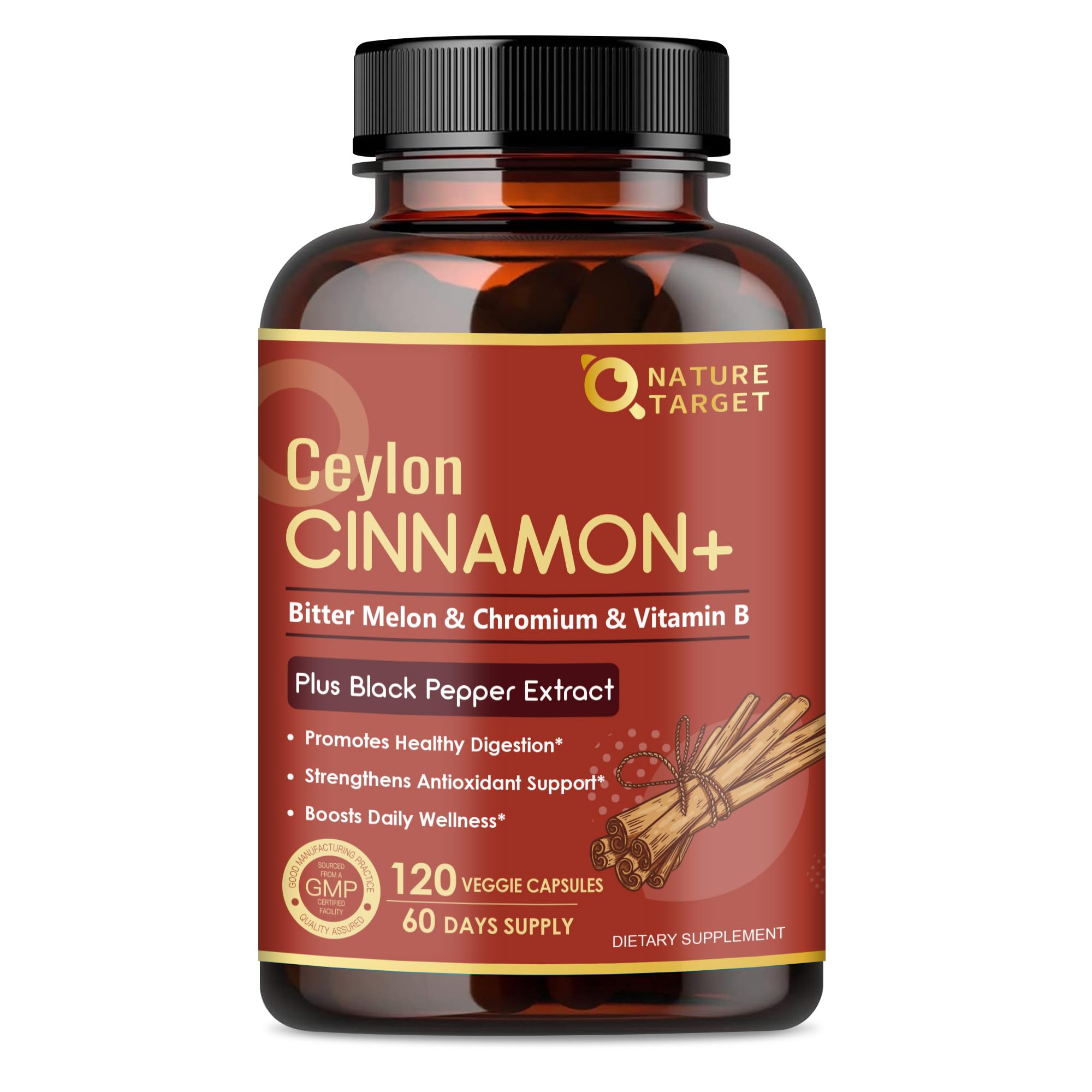 Nature Target Cannelle Ceylon capsules, bouteille prête pour une routine bien-être quotidienne.