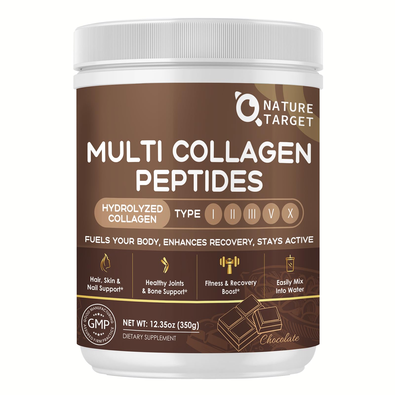 NATURE TARGET Chocolat Multi Collagen – bouteille pratique favorisant la peau et les cheveux.