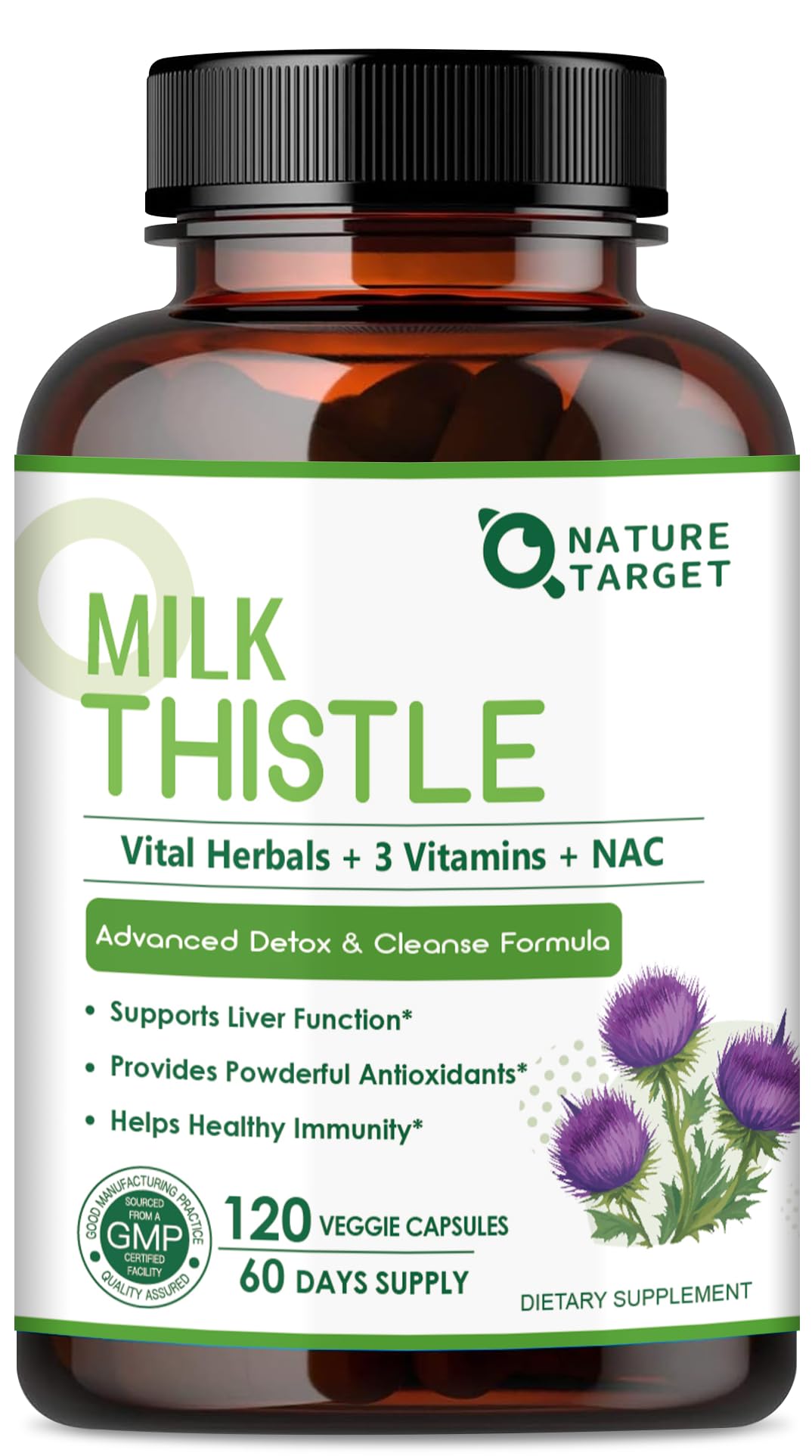 Nature Target chardon-Marie extrait 30:1 en capsules, soutien potentiel du foie.