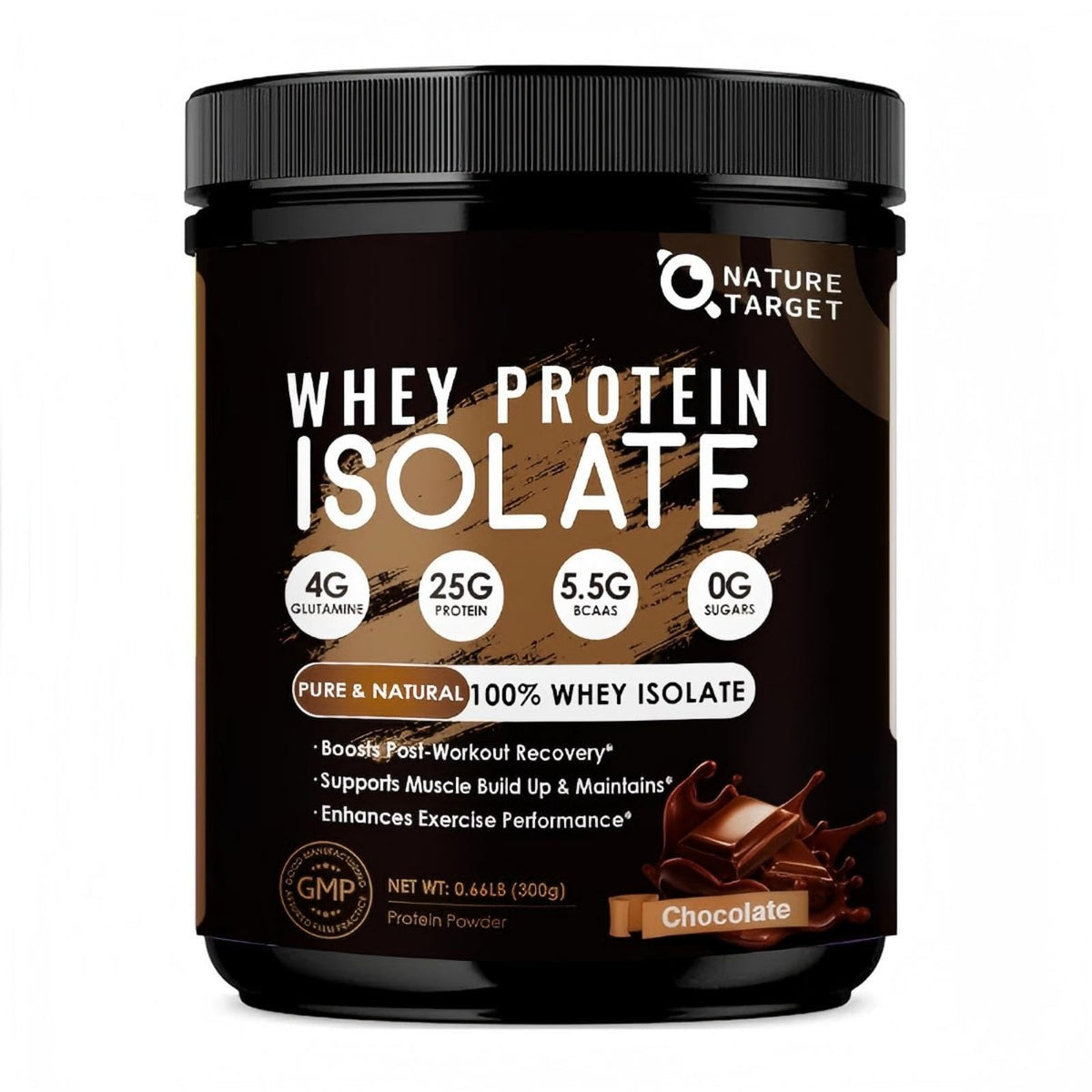 NATURE TARGET Chocolat en bouteille montrant le pack et sa texture protéinée.