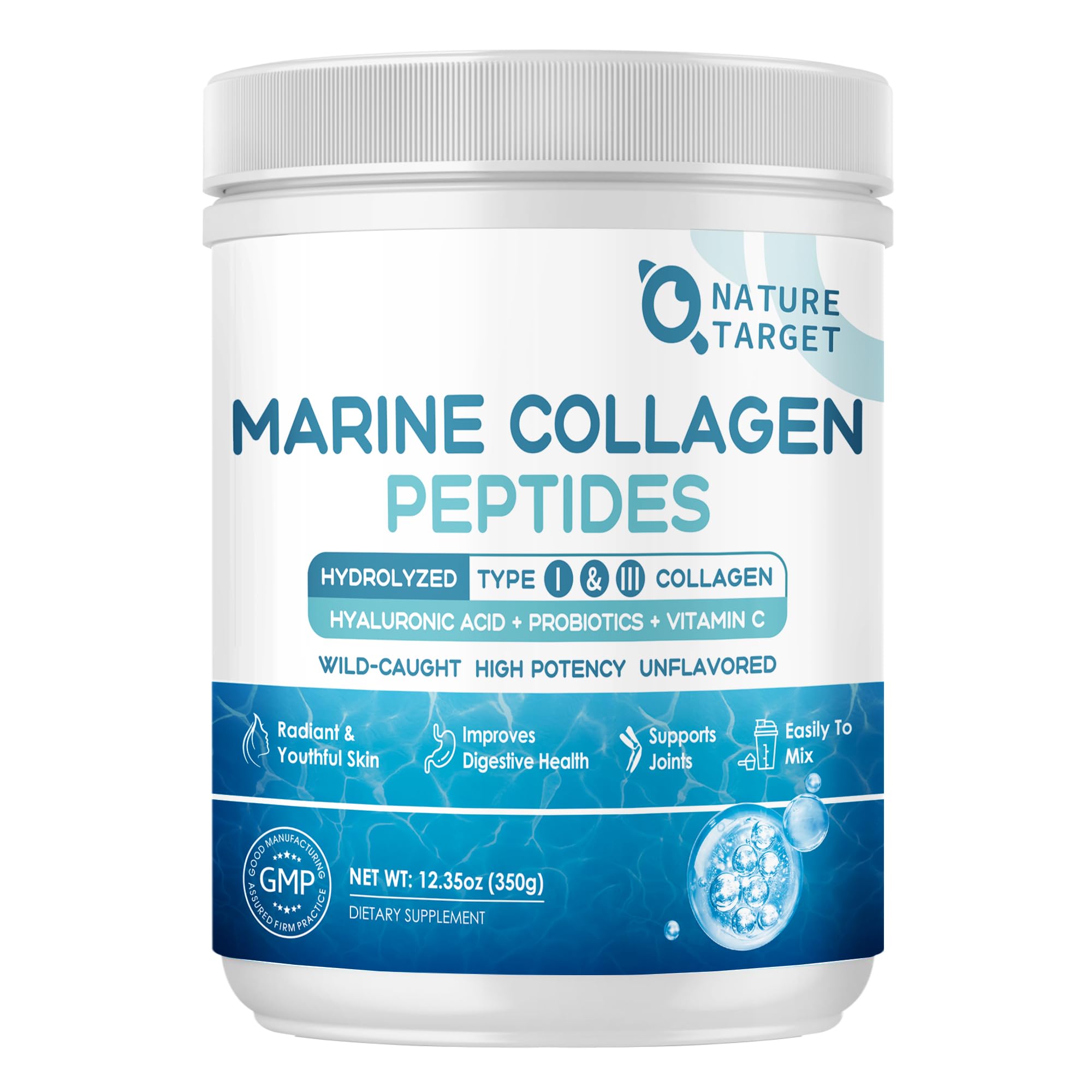Nature Target poudre de collagène marin en emballage, soutien potentiel peau et cheveux.