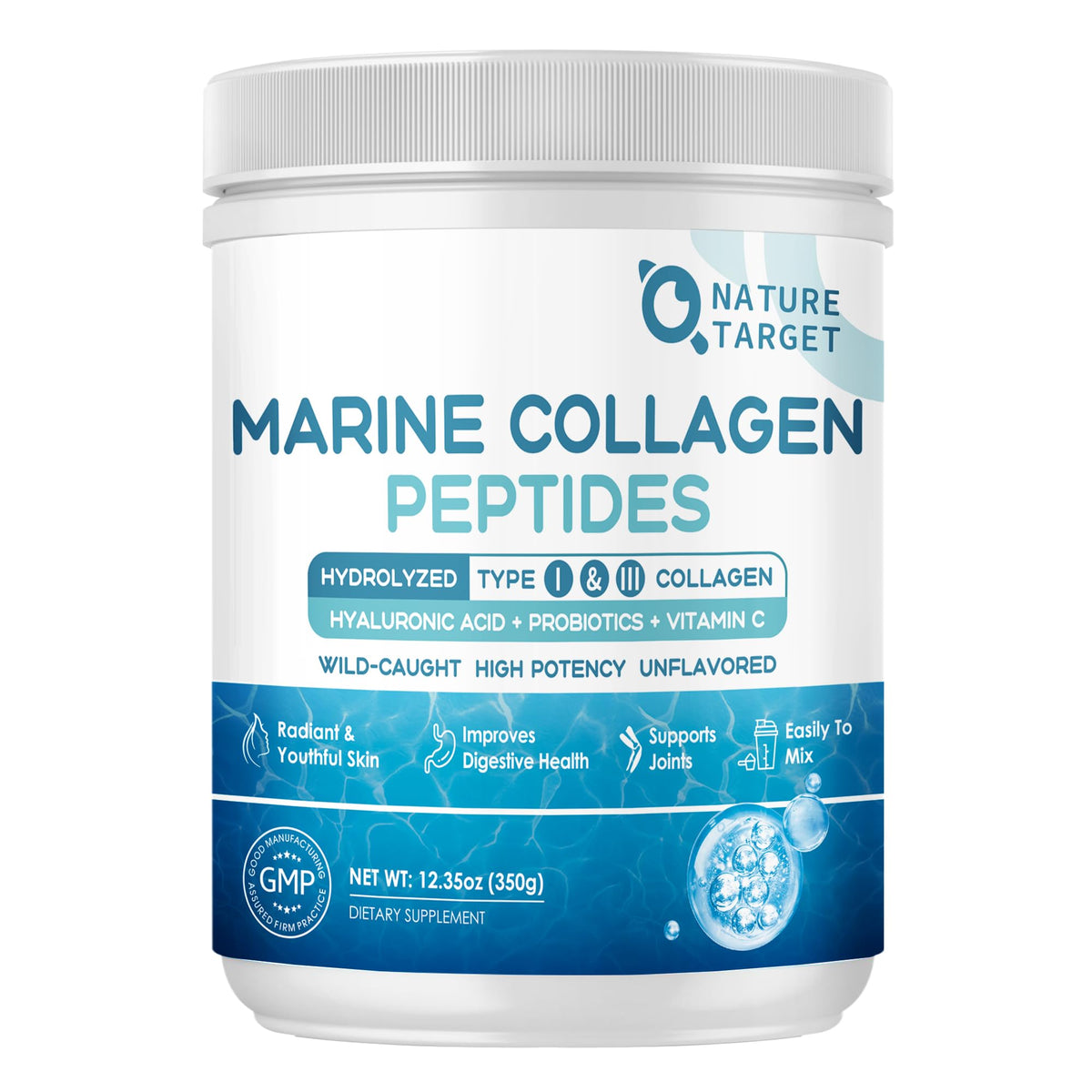 Nature Target poudre de collagène marin en emballage, soutien potentiel peau et cheveux.