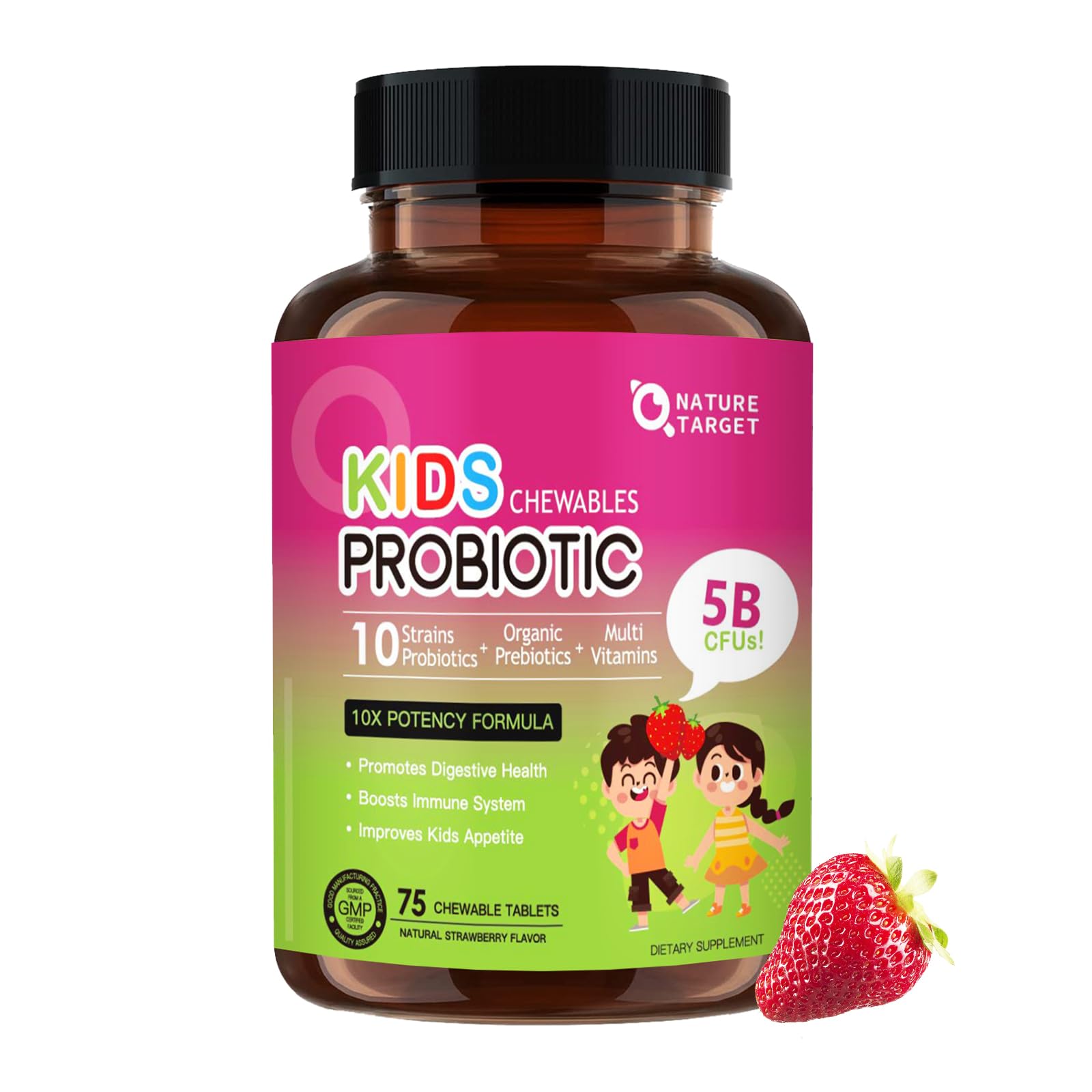 Nature Target comprimés masticables probiotiques pour enfants, saveur fraise, soutien digestif potentiel.