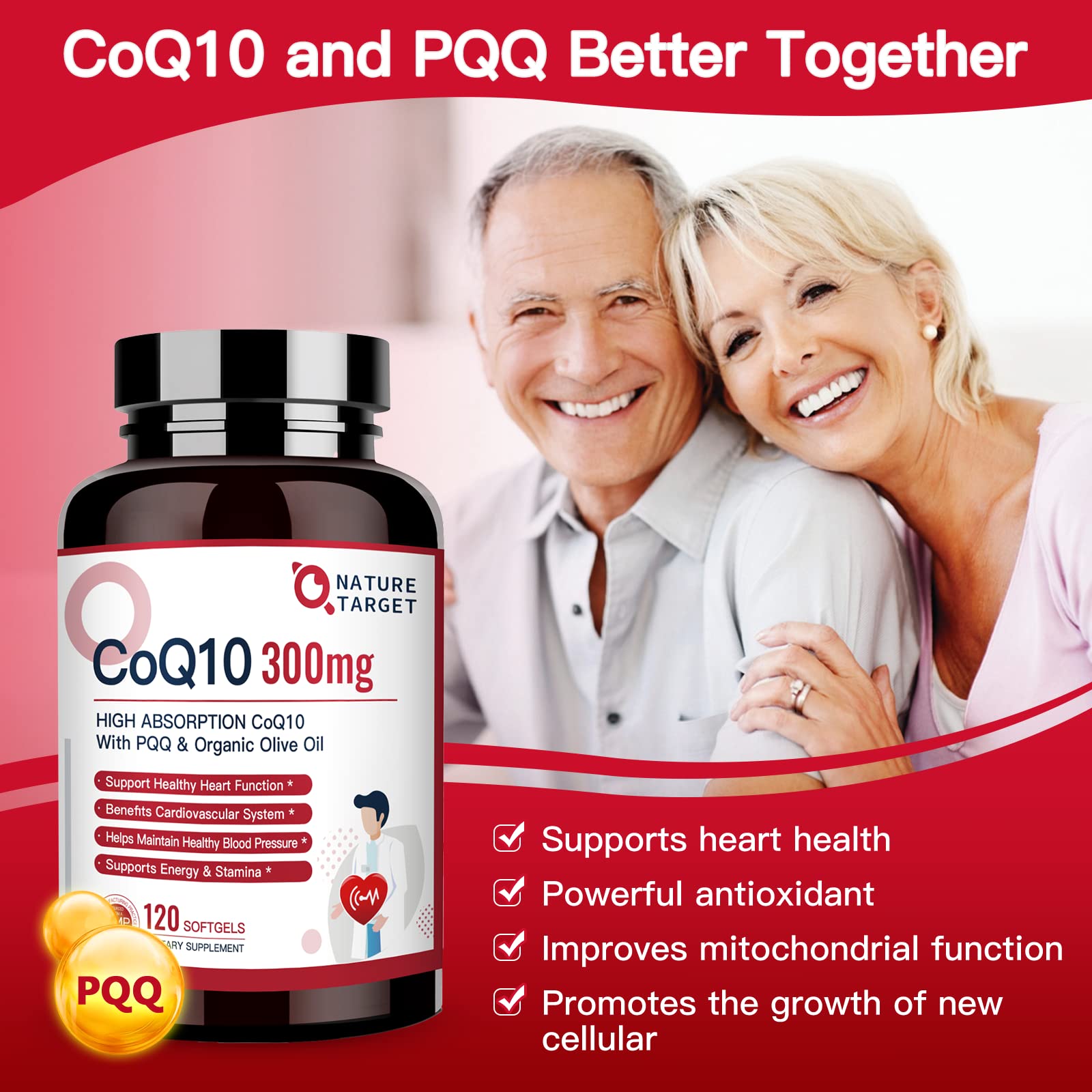 Gélules molles Nature Target CoQ10 300 mg, gros plan sur les capsules