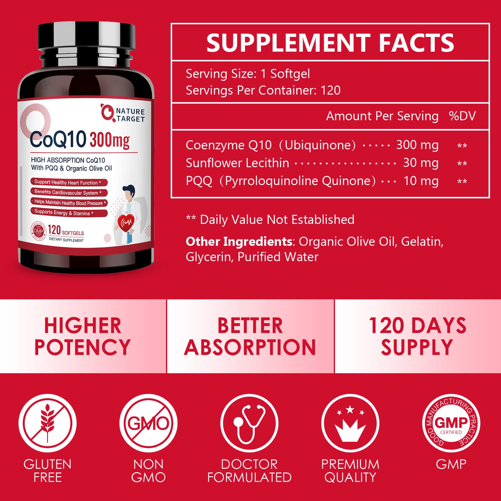Étiquette lisible Nature Target CoQ10 300 mg avec PQQ sur emballage clair