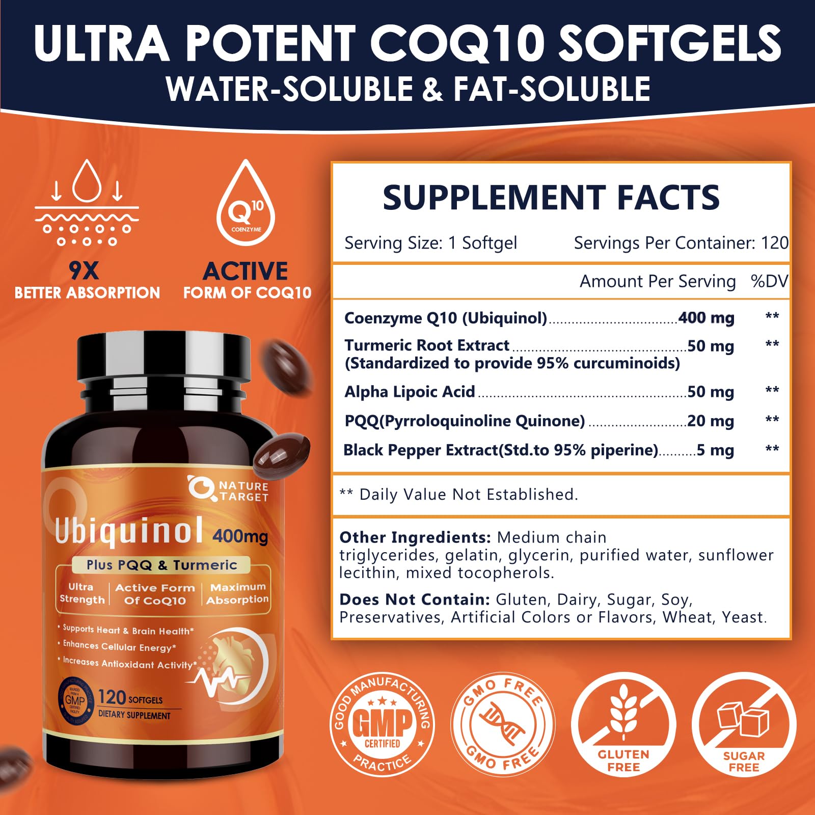 Nature Target CoQ10 400 mg avec PQQ et curcuma – gélules fidèles à la formulation