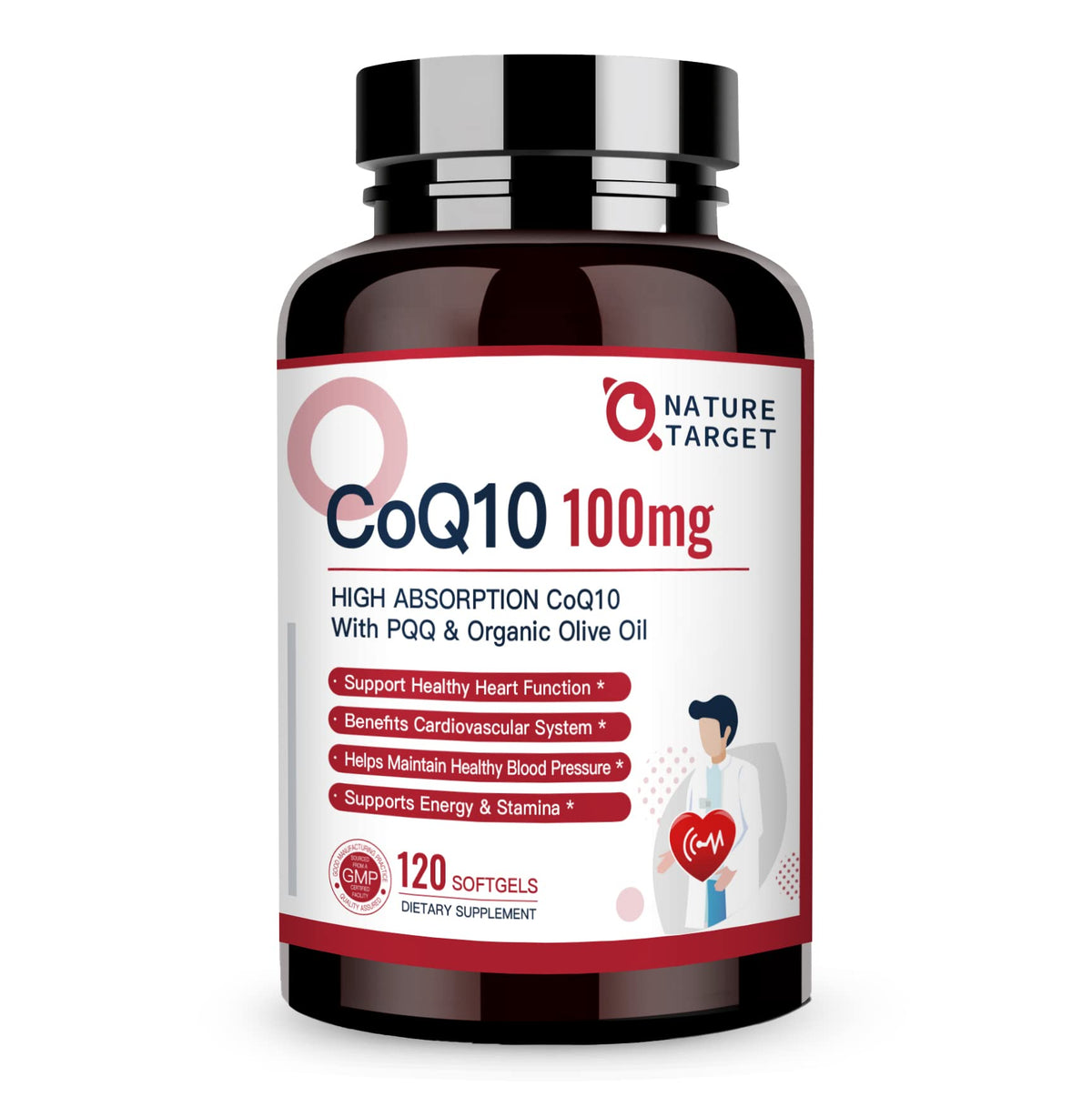 Nature Target CoQ10 : bouteille de gélules pour énergie et soutien cardiaque.