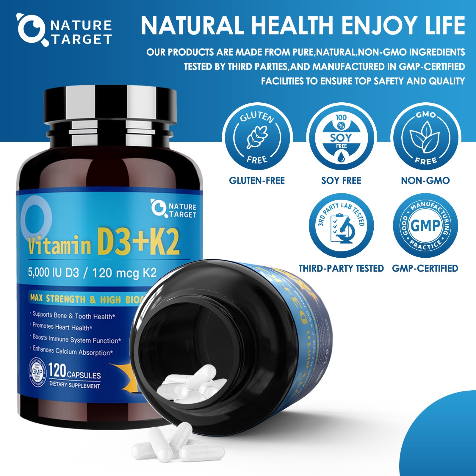 Nature Target D3K2: sans gluten et emballage propre.
