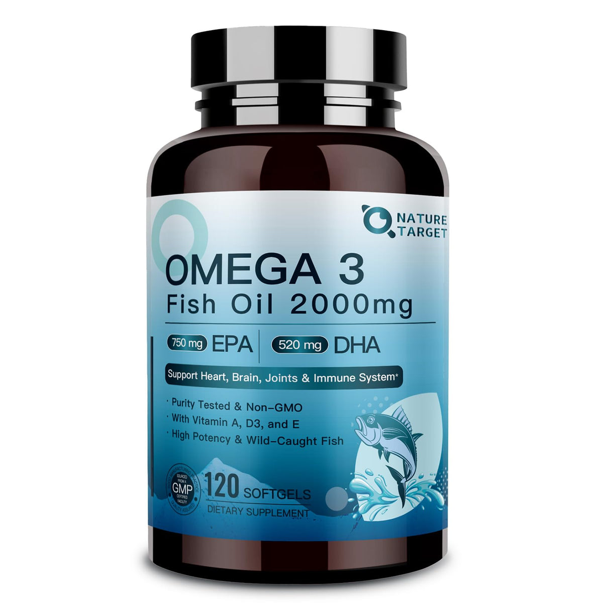 NATURE TARGET Omega-3: gelules dans la bouteille, soutien potentiel au cœur et à l'énergie.
