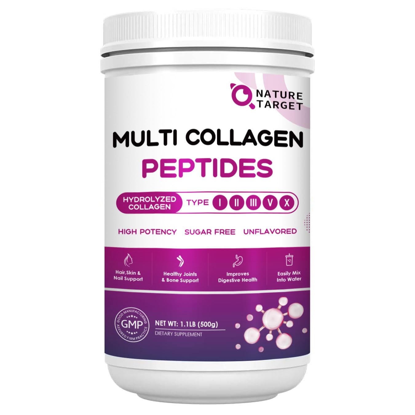 Nature Target Poudre collagene multi-type dans une bouteille pour peau et articulations.