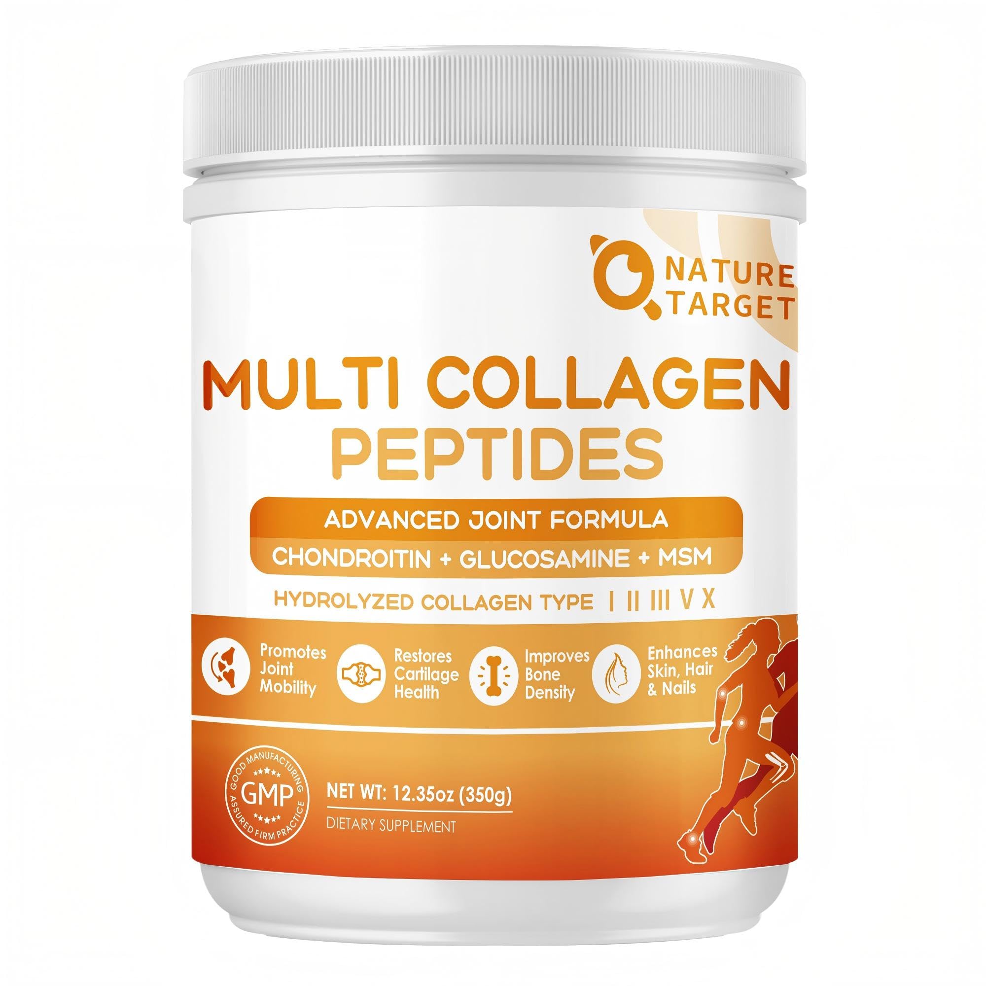 Poudre Nature Target Multi-Collagène dans la bouteille, soutien articulations et peau éclatante.