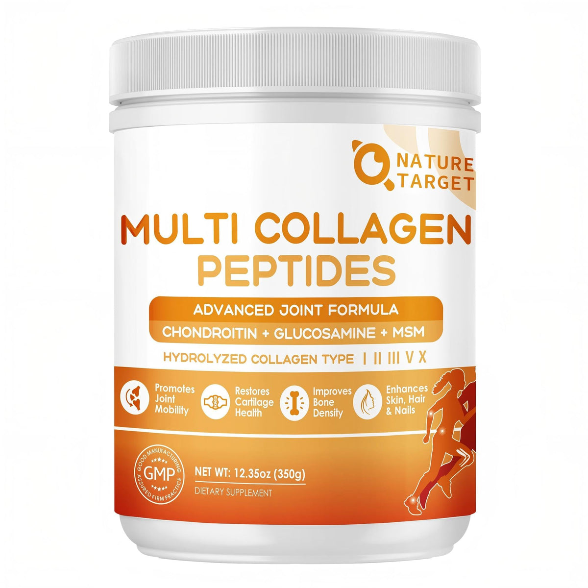 Poudre Nature Target Multi-Collagène dans la bouteille, soutien articulations et peau éclatante.