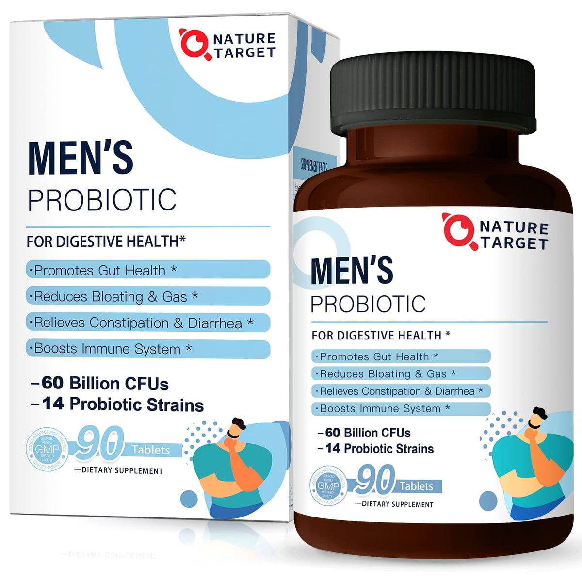 Nature Target Probiotics pour hommes, boîte du produit et étiquette lisible.
