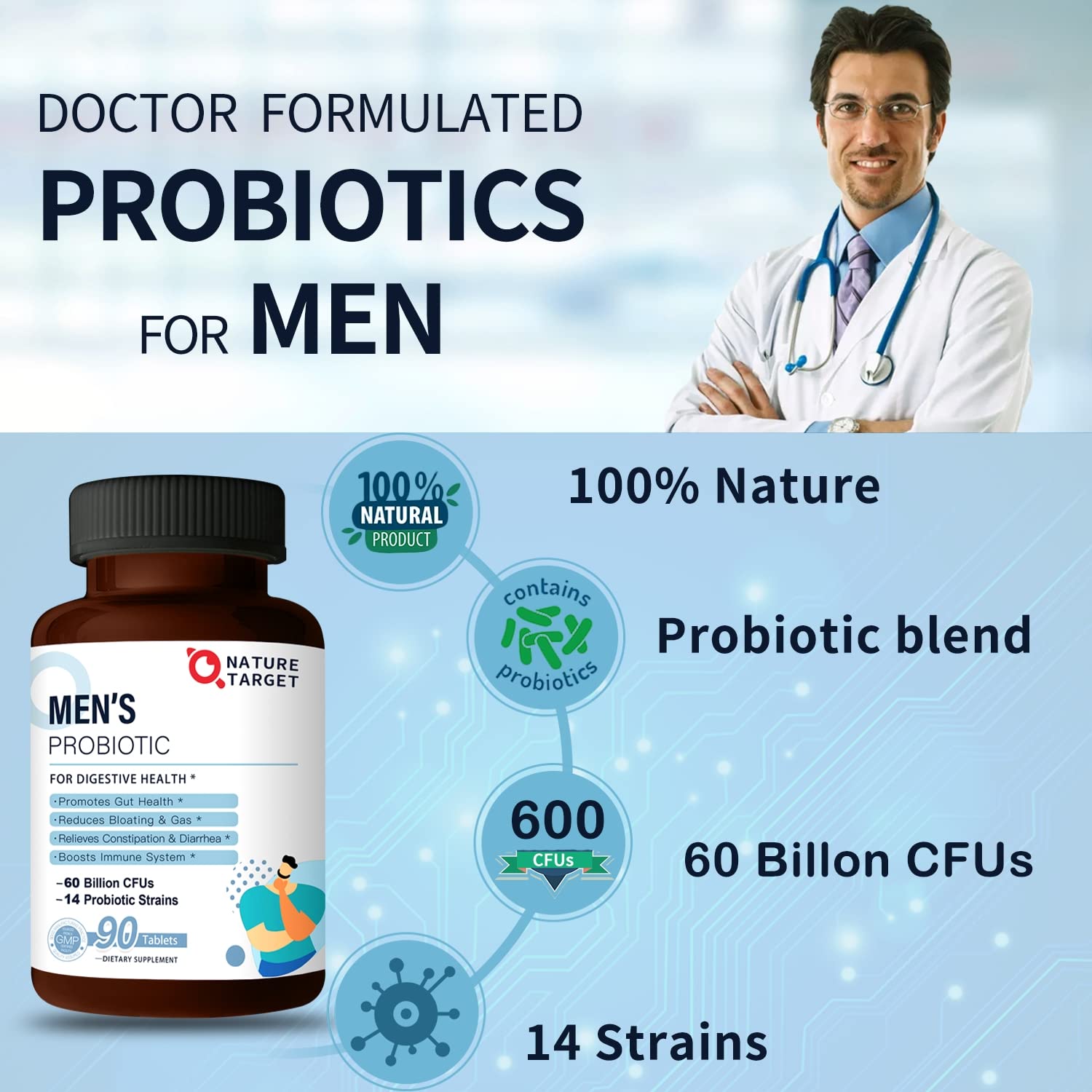 Flacon durable Nature Target Probiotics, sans gluten ni soja.